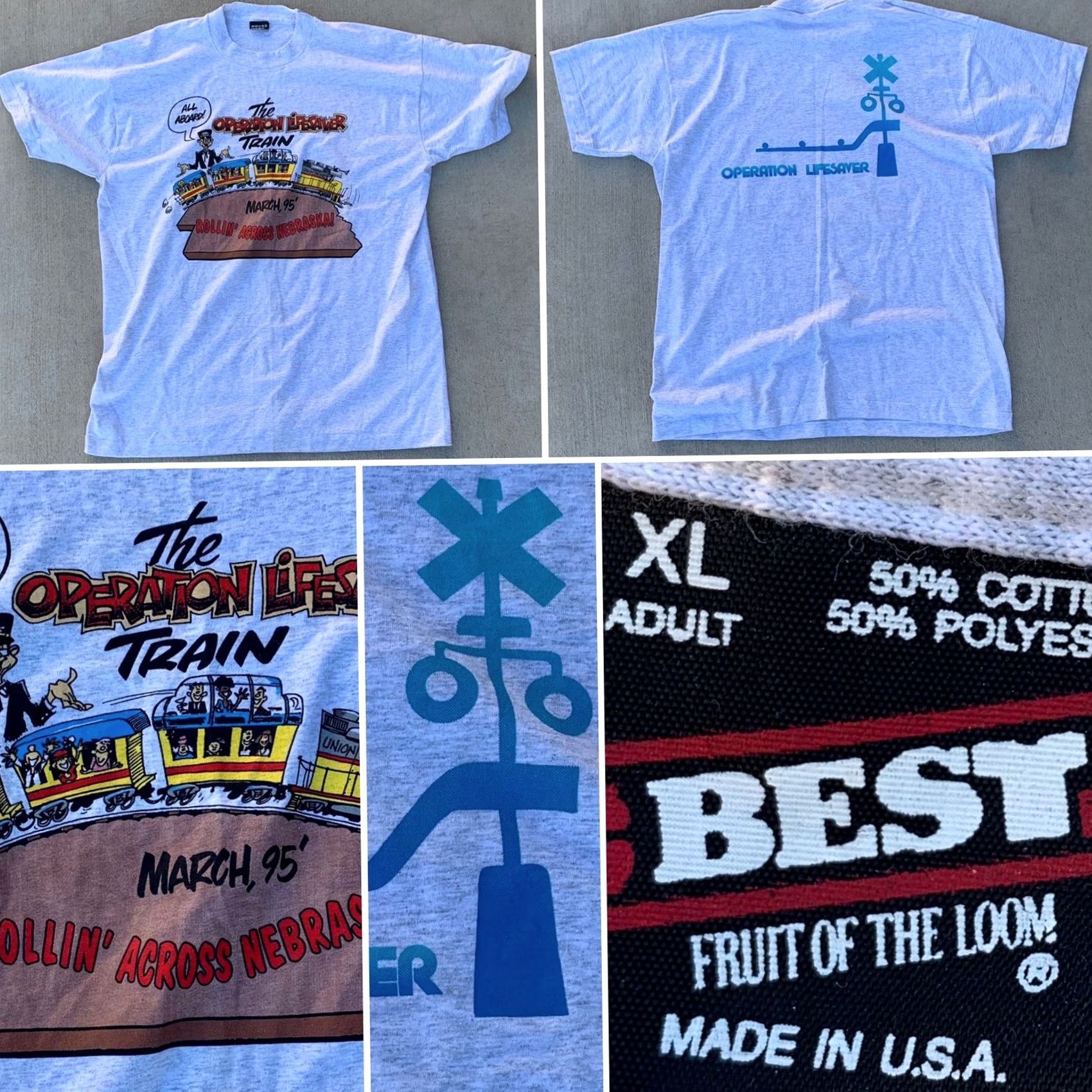 Fruit Of The Loom VINTAGE Fruit of the Loom T-Shirt Unisex XL Gray 1990s Operation Lifesaver Train March 95 Rollin’ Across Nebraska! Size US XL / EU 56 / 4 - 2 Thumbnail