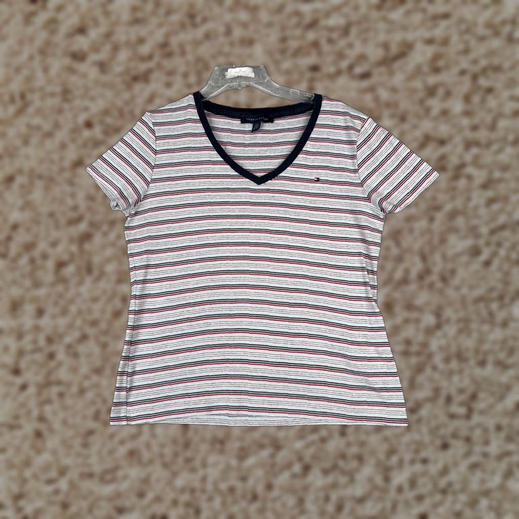 Tommy Hilfiger VINTAGE Tommy Hilfiger Shirt Womens Large Gray Red Stripe V-Neck Short Sleeve Cotton Size L / US 10 / IT 46 - 1 Thumbnail