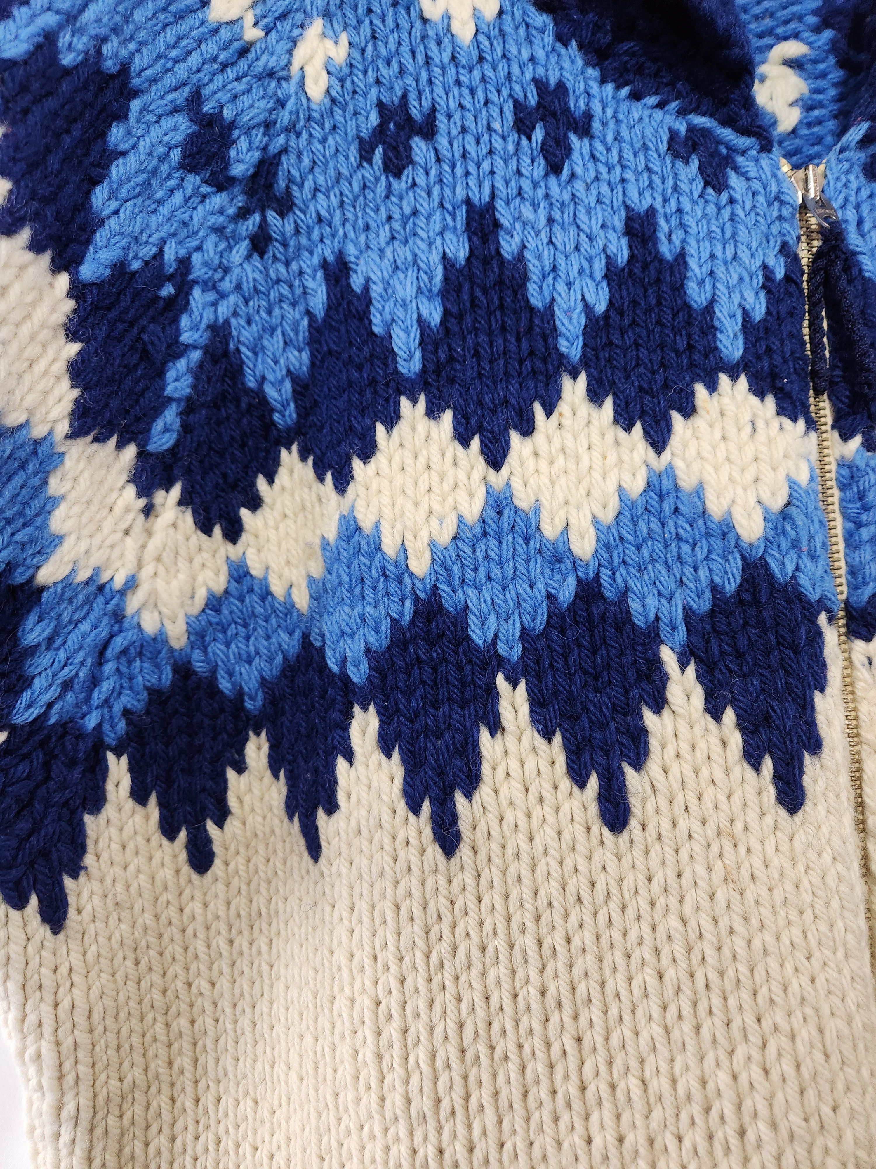Other Hand Knit Blue Ivory Fair Isle Yolk Shawl Collar Zip Up Size US XL / EU 56 / 4 - 4 Thumbnail