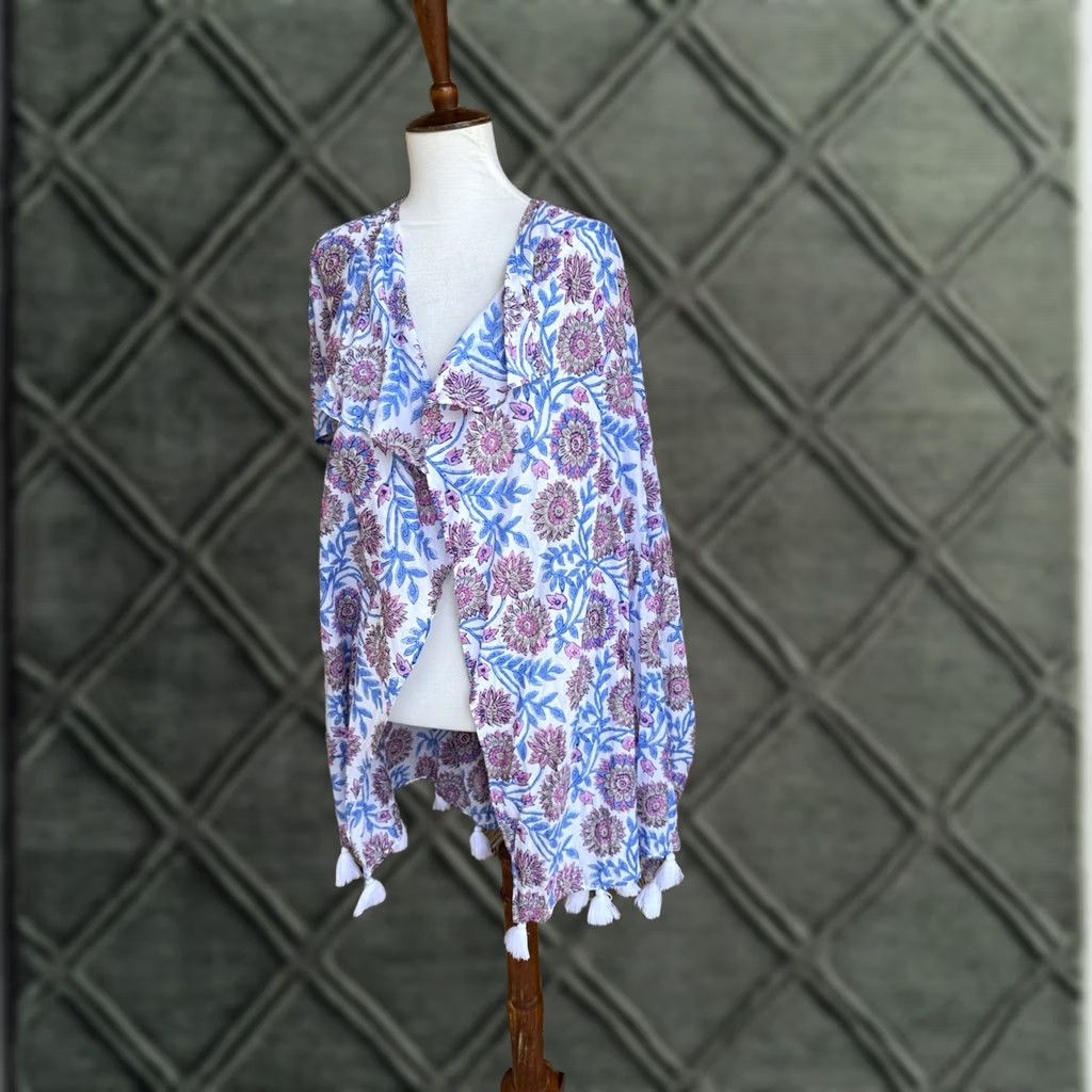 J.Crew J.CREW Boho Kimono Cover Up Floral Beach S/M White 100% Cotton Tassel Trim Open Front Womens Medium Size M / US 6-8 / IT 42-44 - 1 Thumbnail