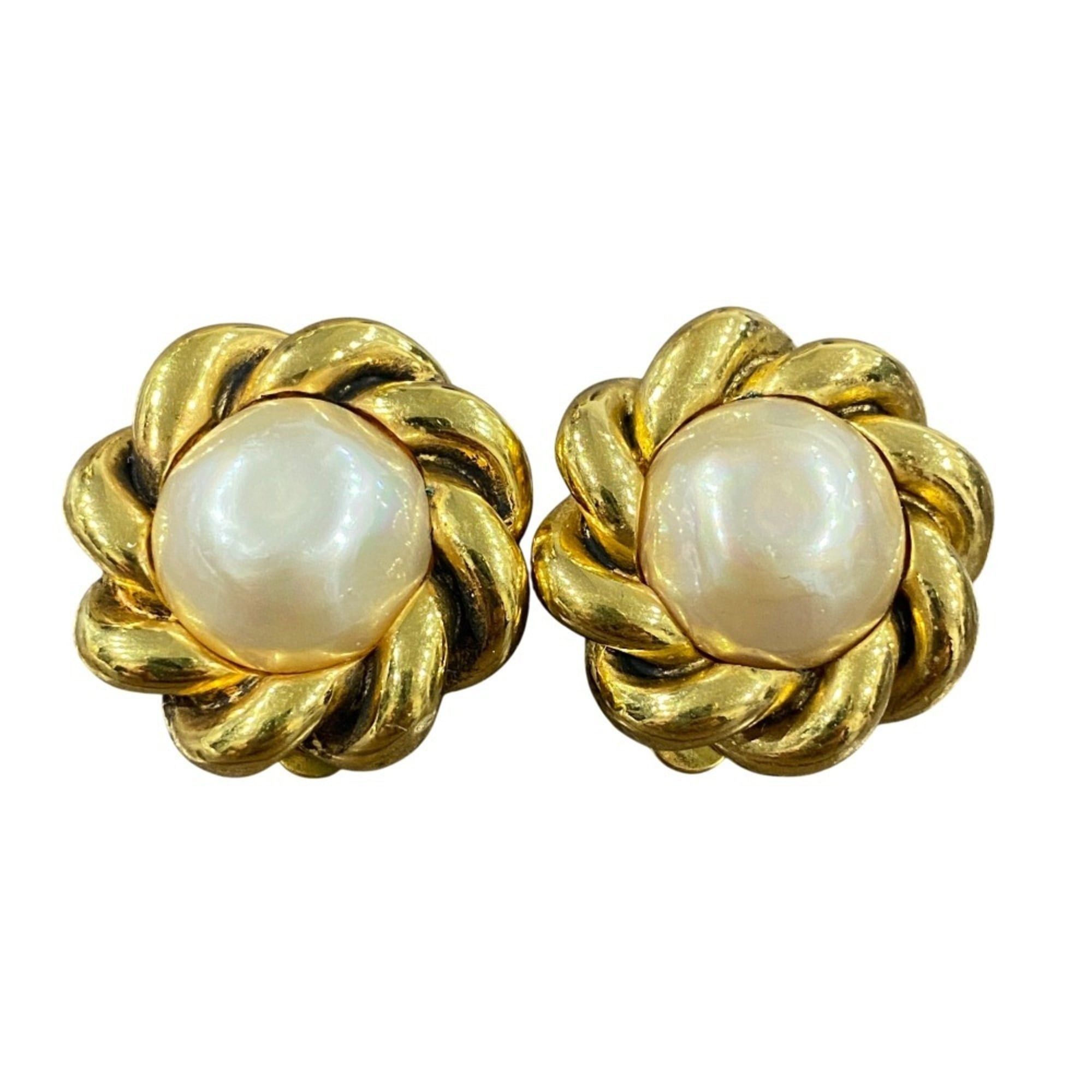 Chanel CHANEL Vintage Rope Twist Design Faux Pearl Earrings, Gold and White, Women's Size ONE SIZE - 1 Thumbnail