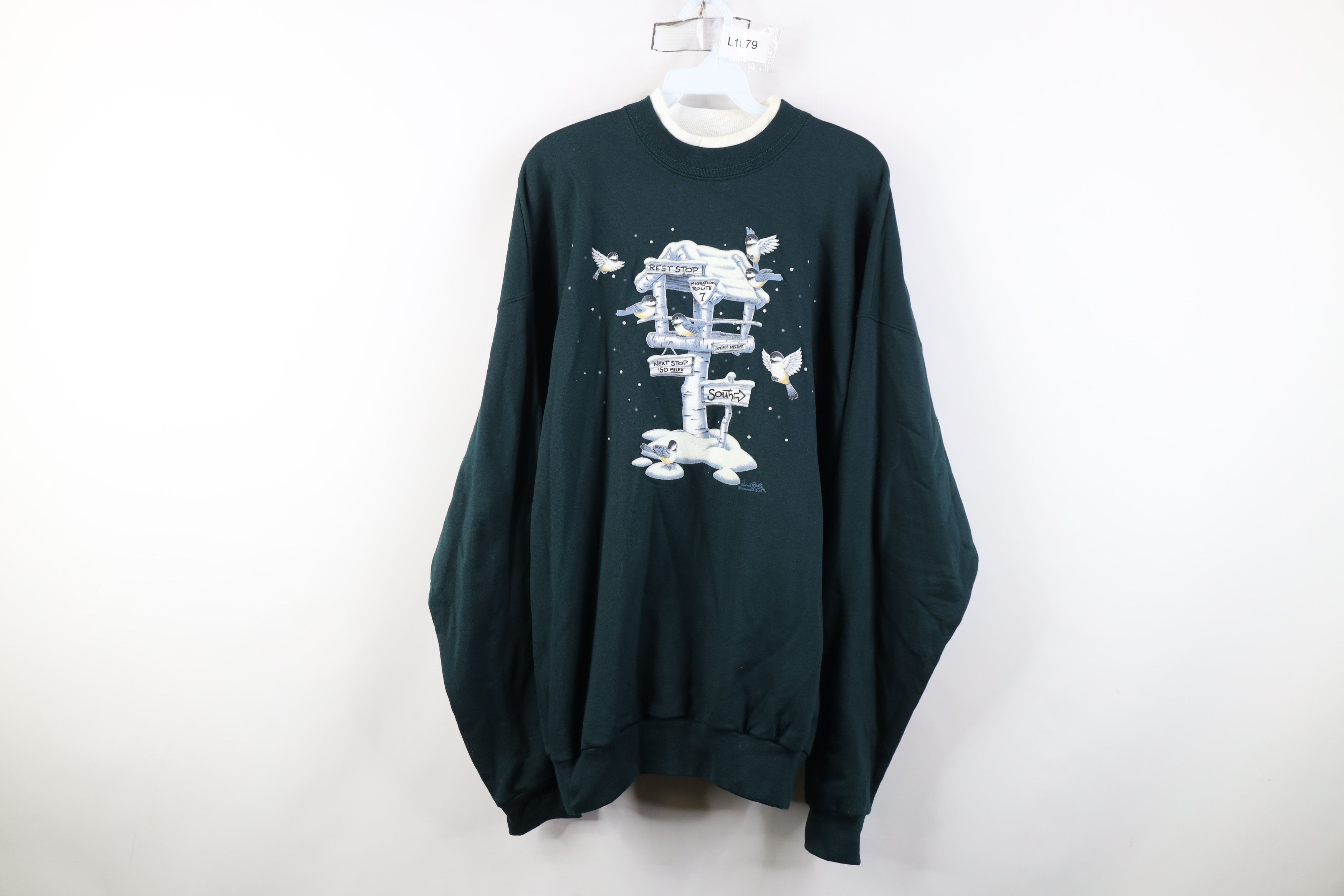 Vintage Vintage 90s Streetwear Nature Snow Birds Sweatshirt Green Size XL / US 12-14 / IT 48-50 - 1 Thumbnail