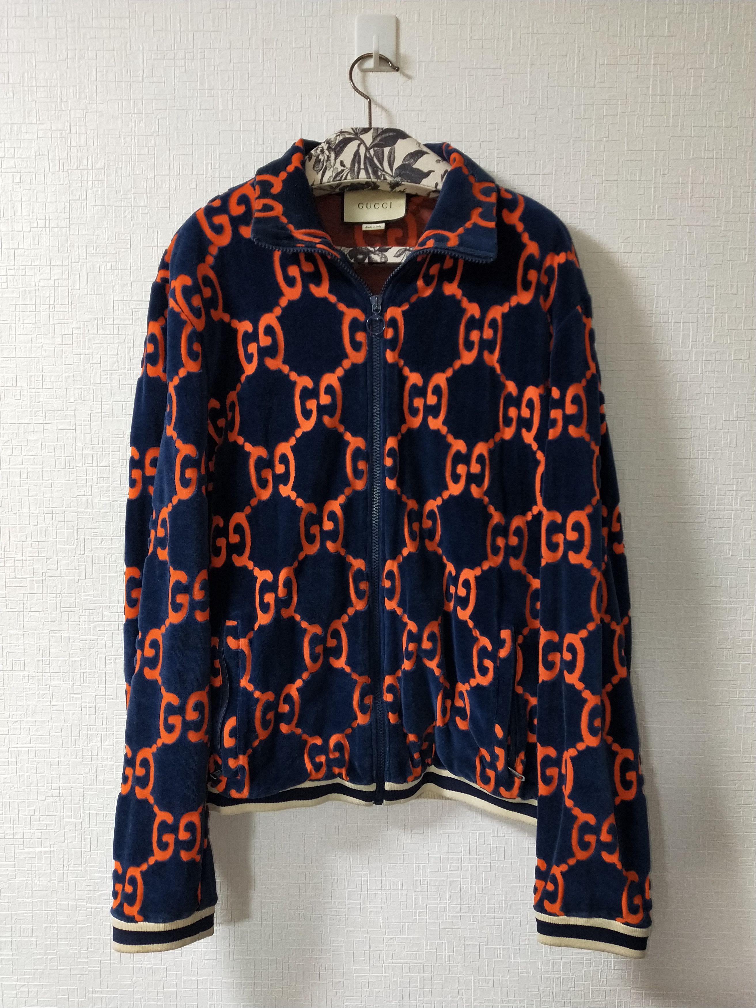 image of Gucci Chenille Monogram Jacquard Track Jacket in Navy, Men's (Size Medium)