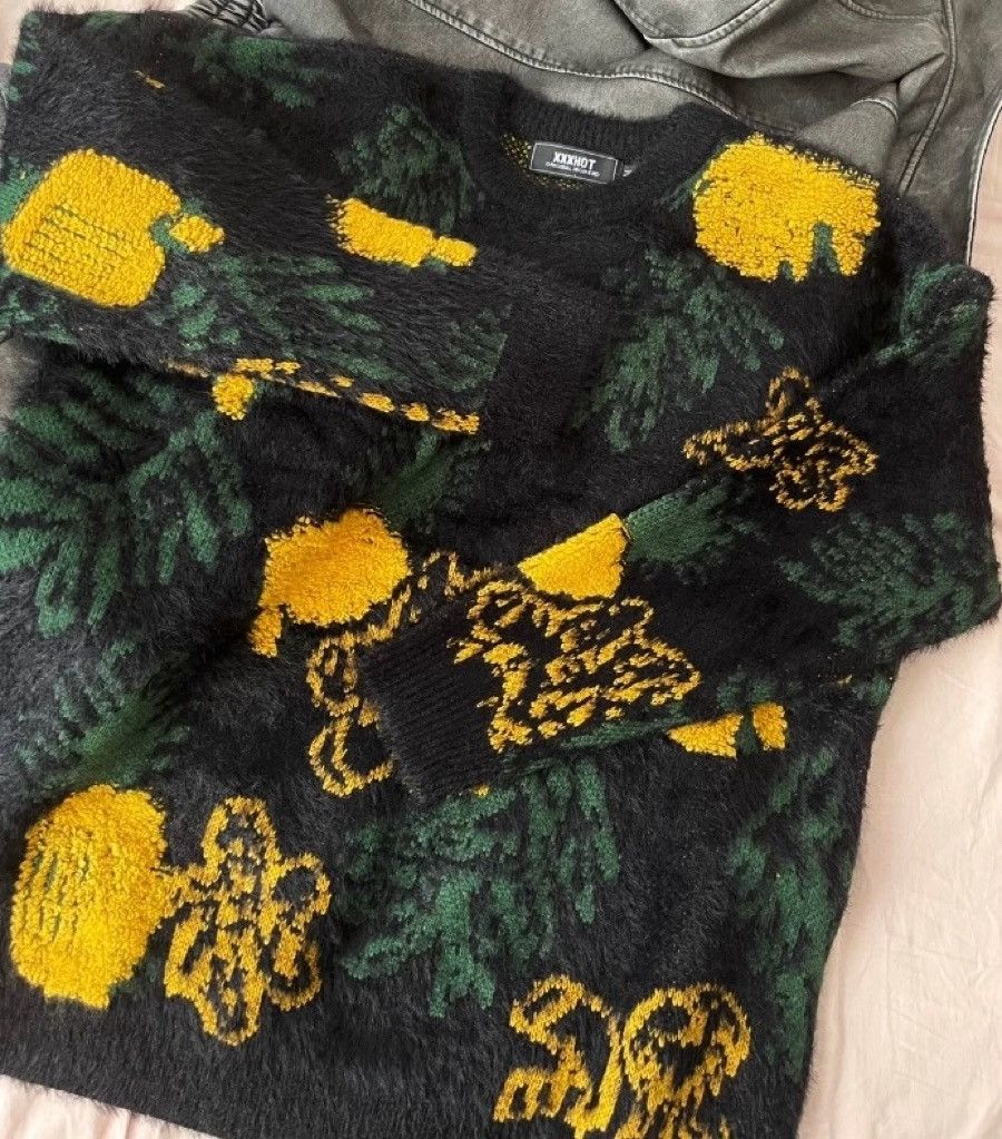 image of Cardigan Retro Pineapple Floral Fluffy Sweater Knitwear in Black, Men's (Size 2XL)