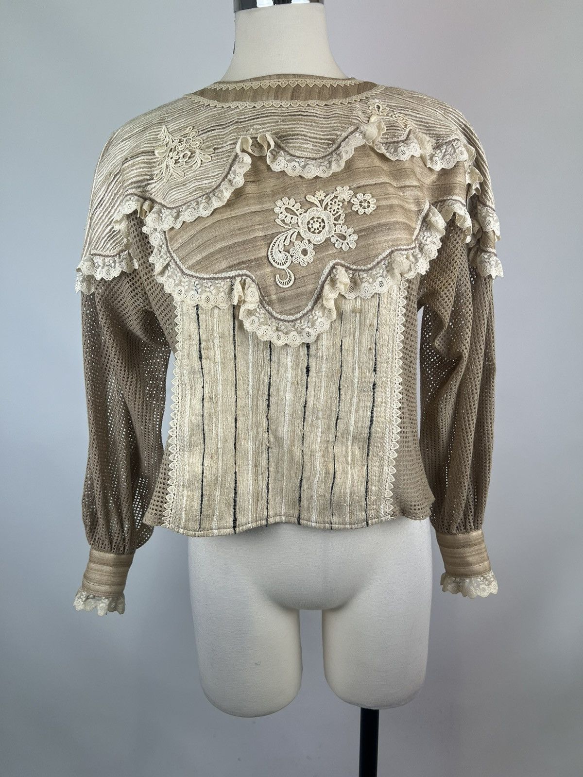 image of Vintage 1960S Net And Crochet Long Sleeve Lace Trim Blouse in Tan, Women's