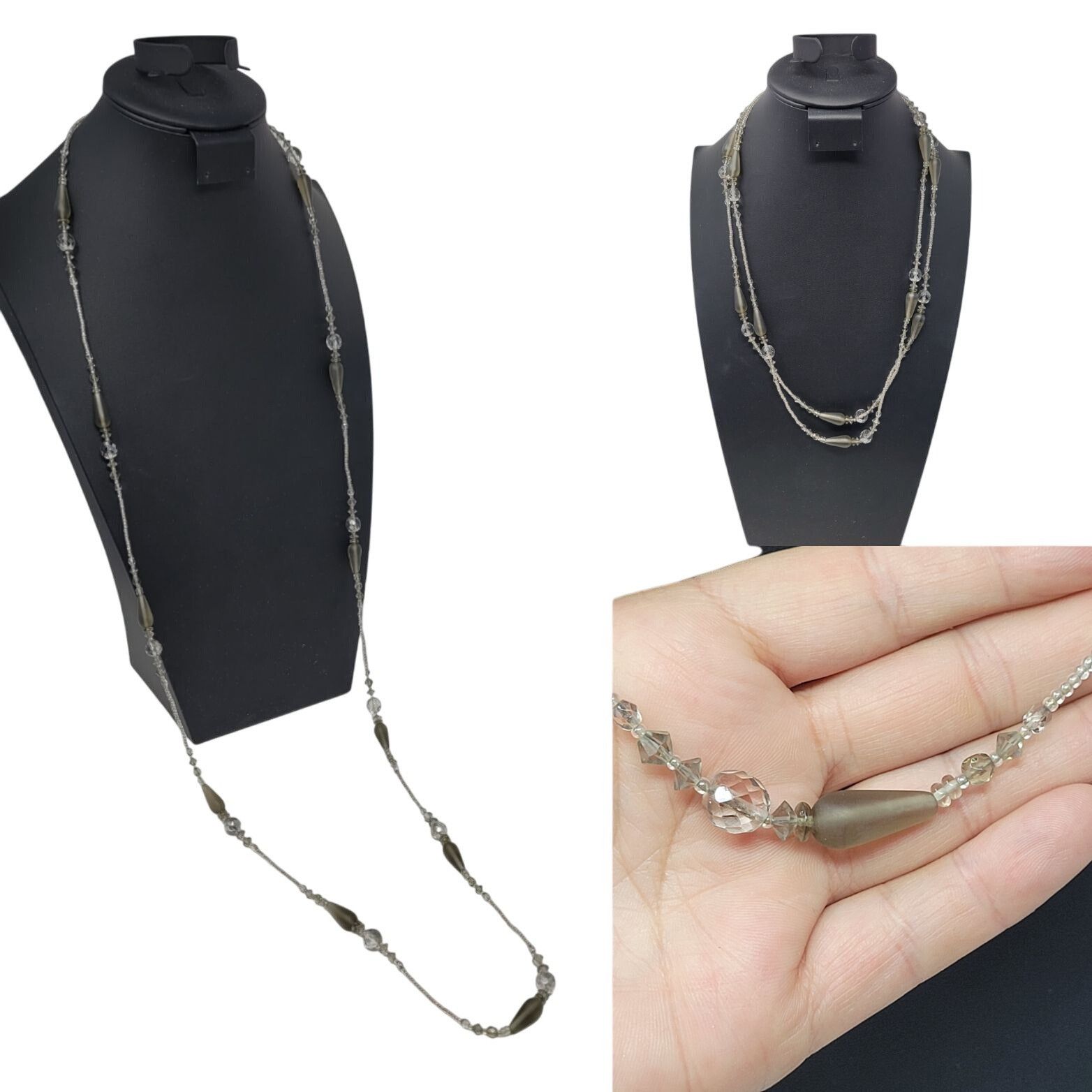 Vtg Long Flapper Necklace Silver Smoky Gray AB Beaded Glass