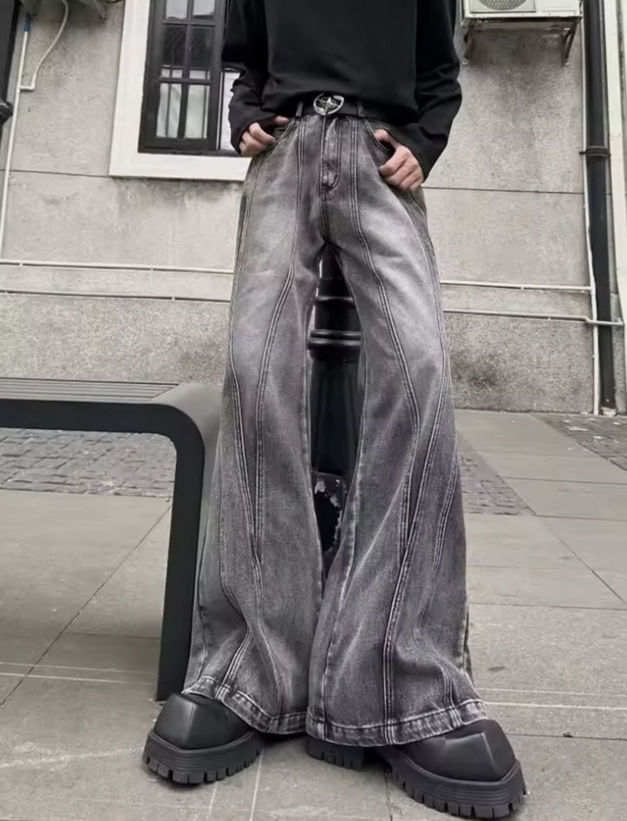 Denime × Jean × Vintage Trashy Y2K Streetwear Washed Grey Baggy Stacked Flare Jeans Size US 27 - 5 Thumbnail