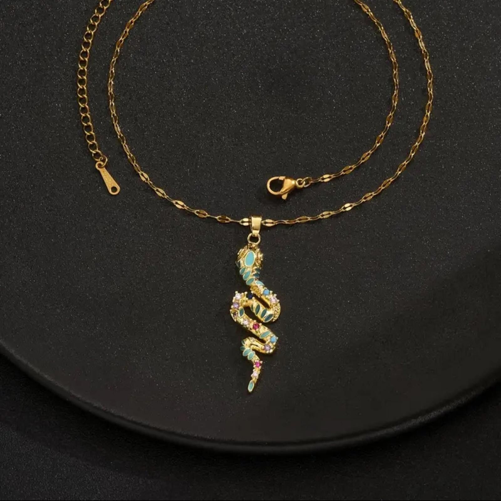 Designer Gold Snake Pendant Necklace with Stones Size ONE SIZE - 3 Thumbnail