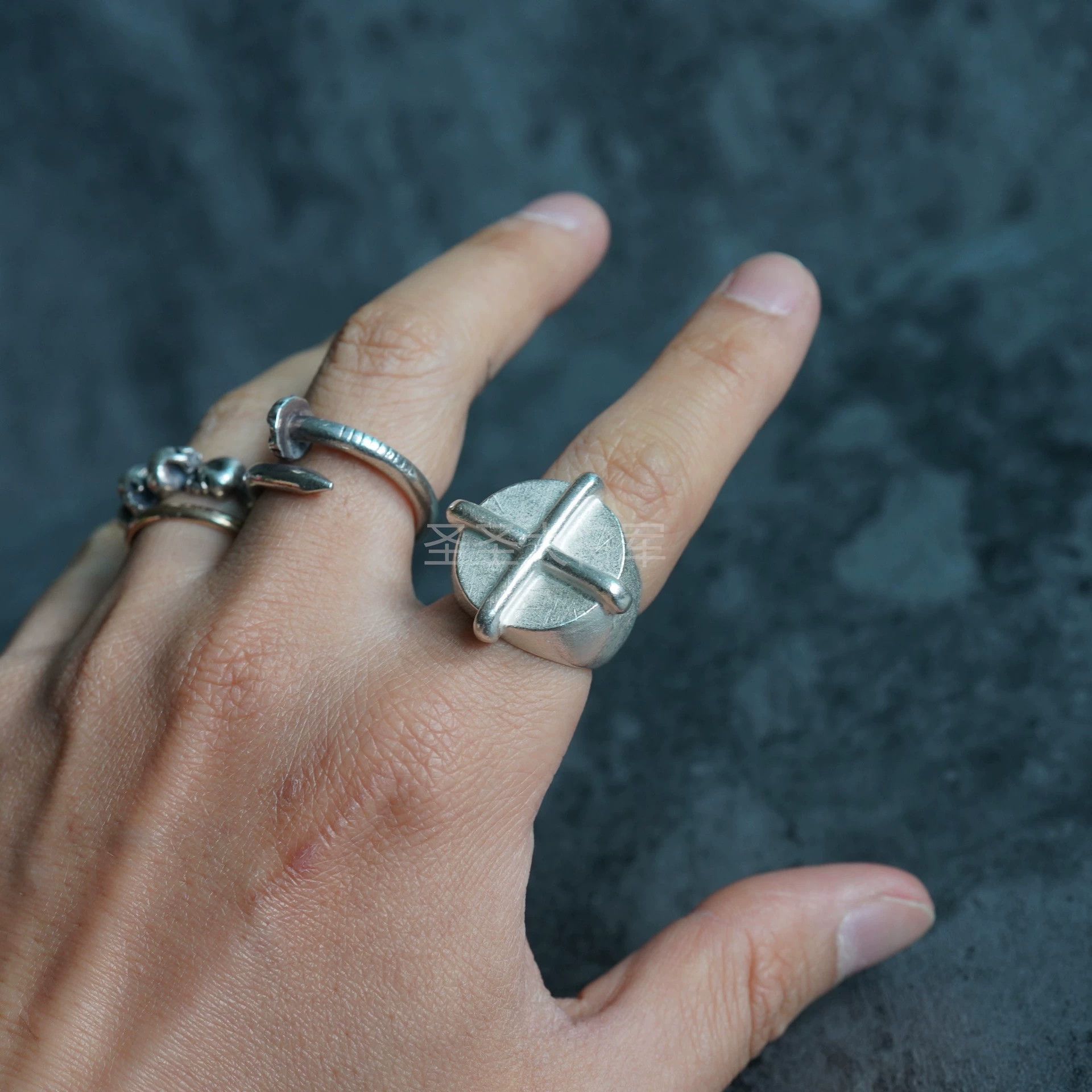Ma+ M.A+ oxidized convex cross 925 silver ring S-13 M-16 adj Size ONE SIZE - 4 Thumbnail