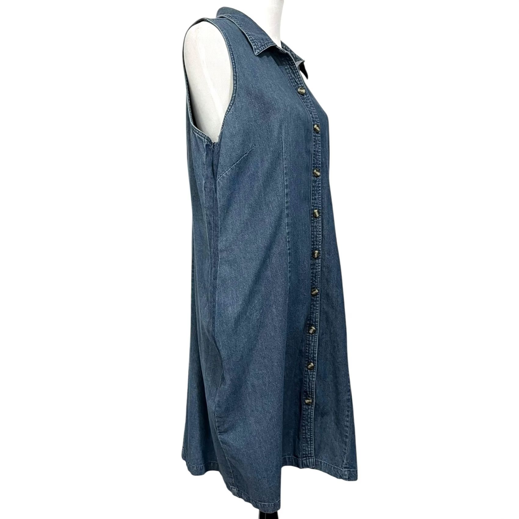 Basic Editions VINTAGE Basic Editions Denim Midi Dress Womens 16 Blue Cotton 100% Button Collared Sleeveless Shirt Dress Size 38" / US 16 / IT 52 - 7 Thumbnail