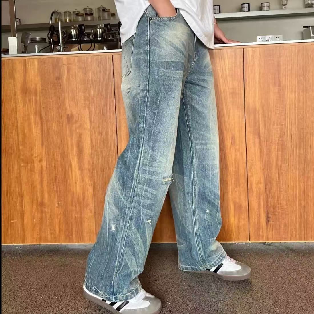 Japanese Brand × Jean Blue washed distressed straight-leg men's ripped jeans Size US 32 / EU 48 - 3 Thumbnail