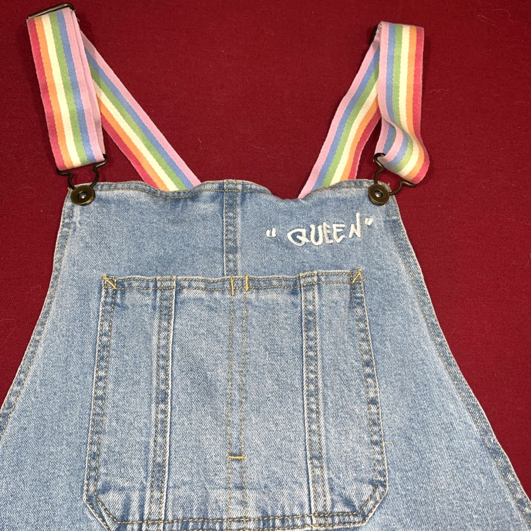 Vintage PRIDE Rainbow Blue Shortall Large Denim Shorts Bib Overalls Rainbow Straps Size 40" / US 18 - 4 Thumbnail