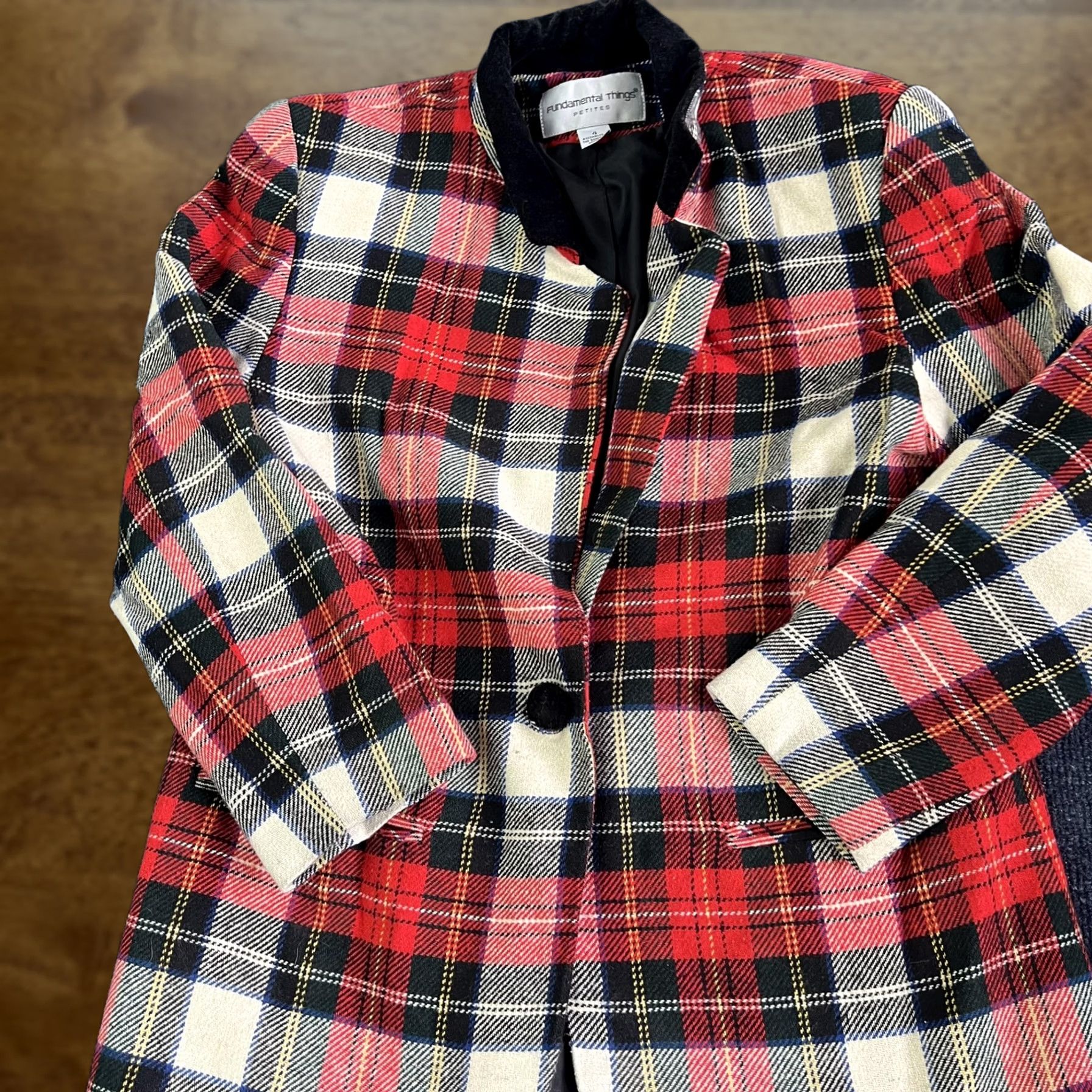 Velvet Fundamental Things Blazer Womens 4 Petite Red Plaid Velvet Collar Short Size S / US 4 / IT 40 - 1 Thumbnail