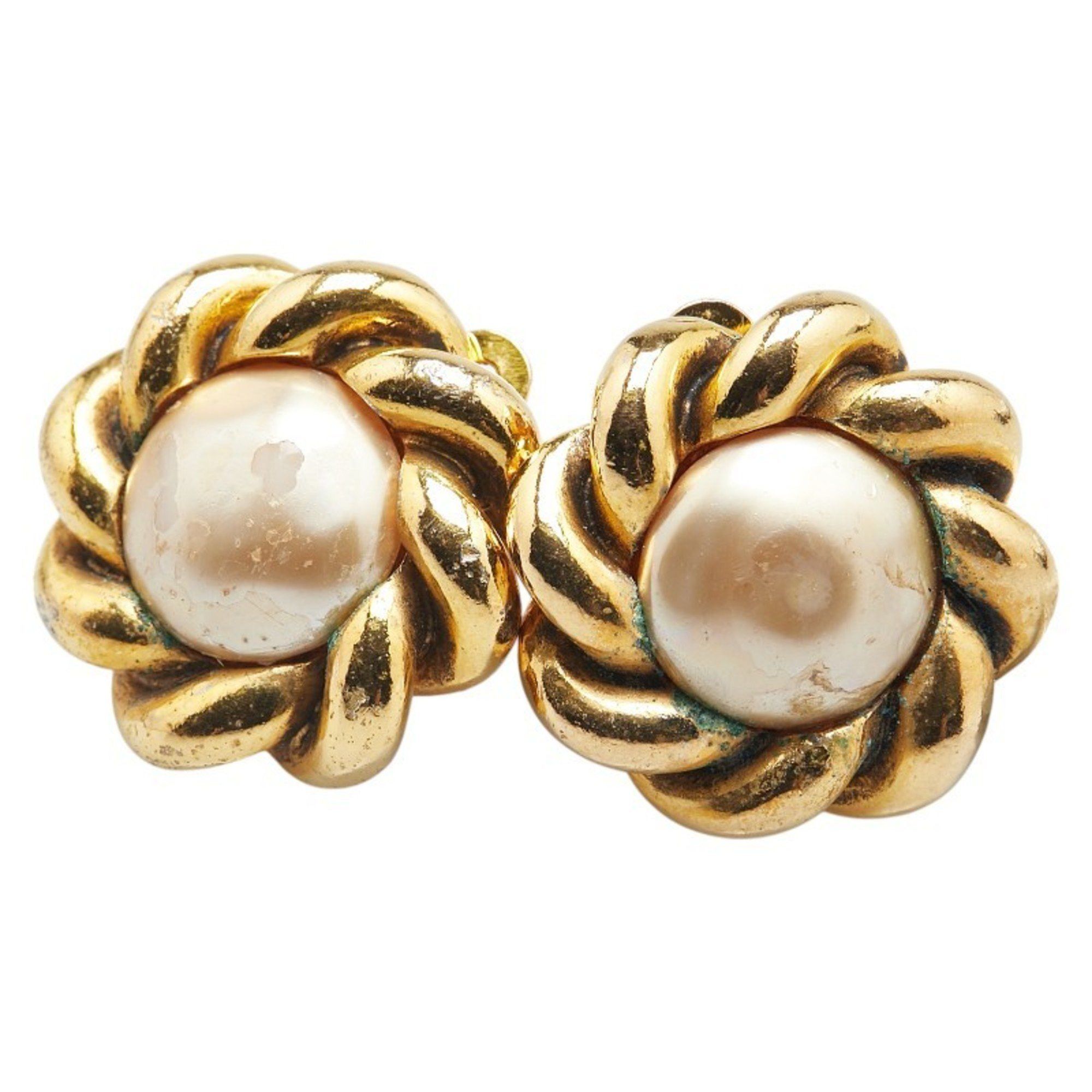 CHANEL Vintage Flower Motif Faux Pearl Earrings Gold Plated Women's