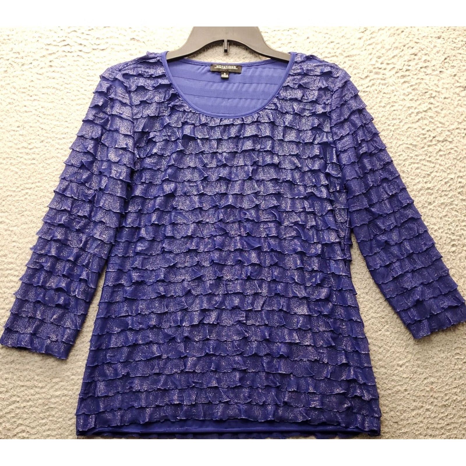 Vintage Notations Womens S Blue Lined Ruffle Long Sleeve Round Neck Tunic Top Size S / US 4 / IT 40 - 2 Thumbnail