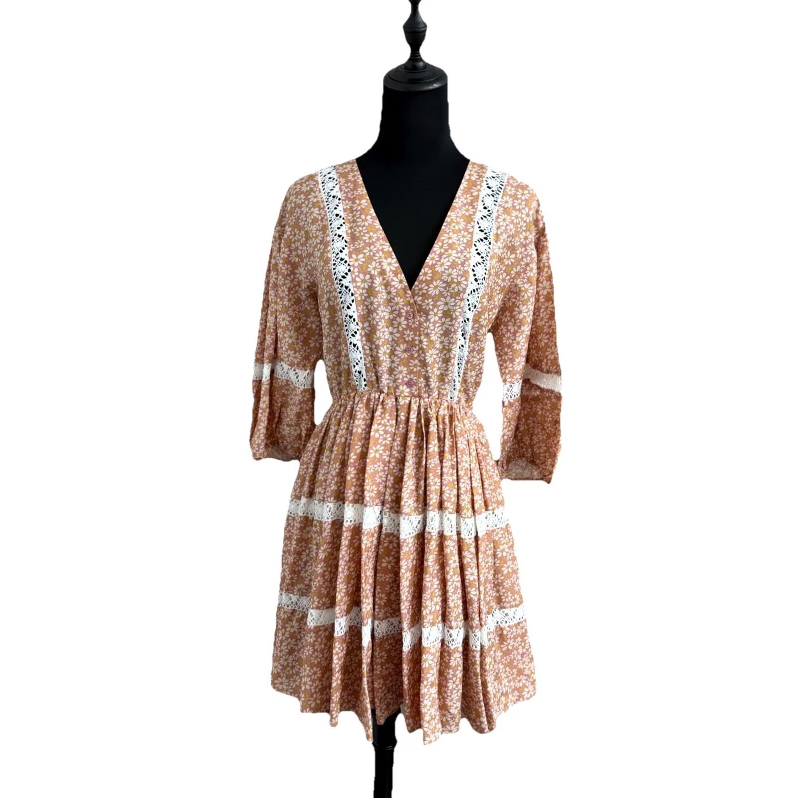 Maje Maje Rayanik Mini Dress Pink Floral Print Linen Blend 36 Midi Dress Women Vintage Floral Lace Pleated Girls Mens Size XS / US 0-2 / IT 36-38 - 4 Thumbnail