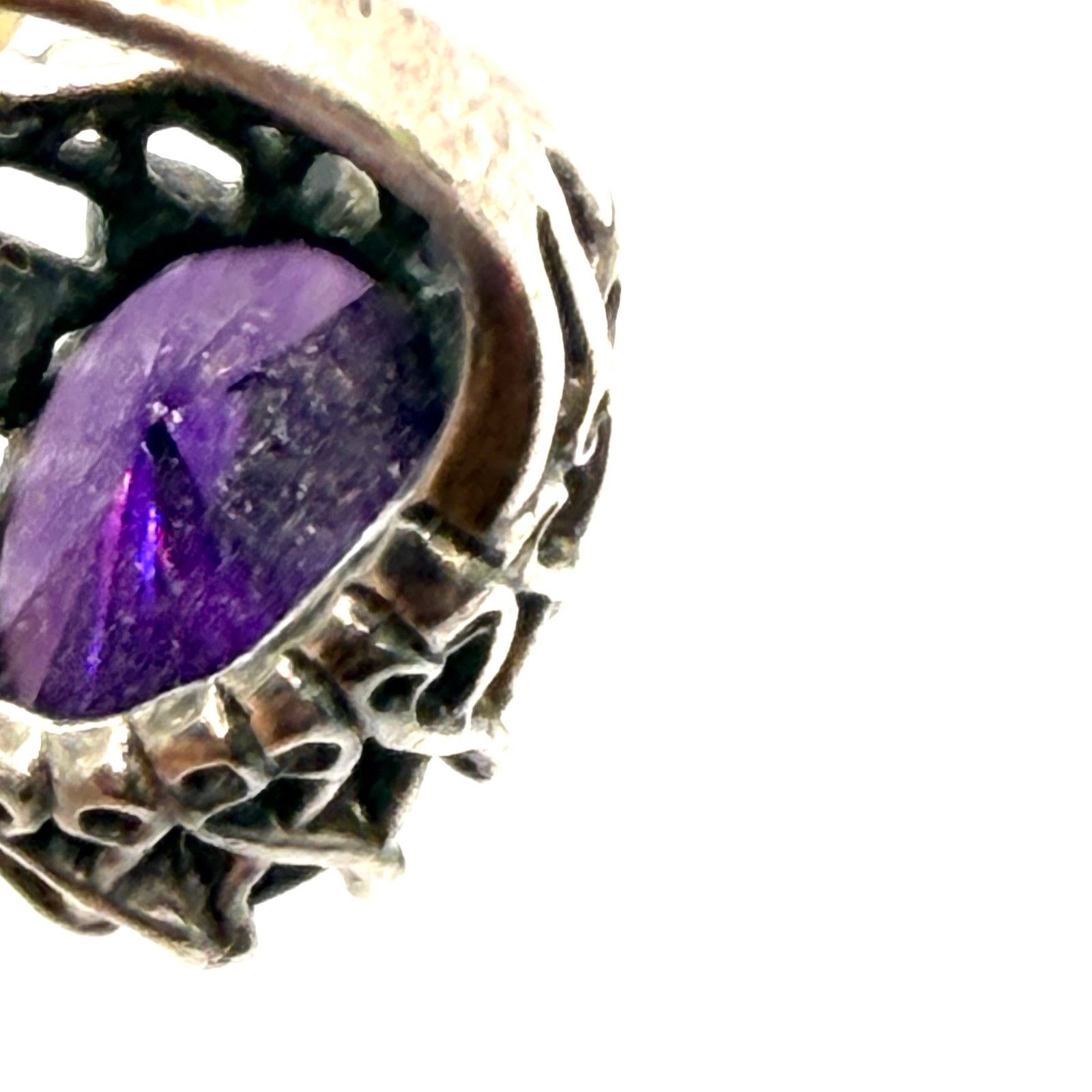 Handmade Vintage 70s Sterling Silver Amethyst Filigree Statement Ring Size ONE SIZE - 2 Thumbnail