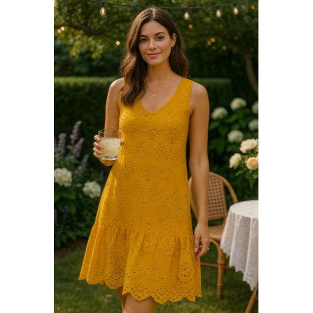 Other Dolan Woman's Yellow Eyelet Sleeveless Dress Scalloped Hem L Size L / US 10 / IT 46 - 1 Thumbnail