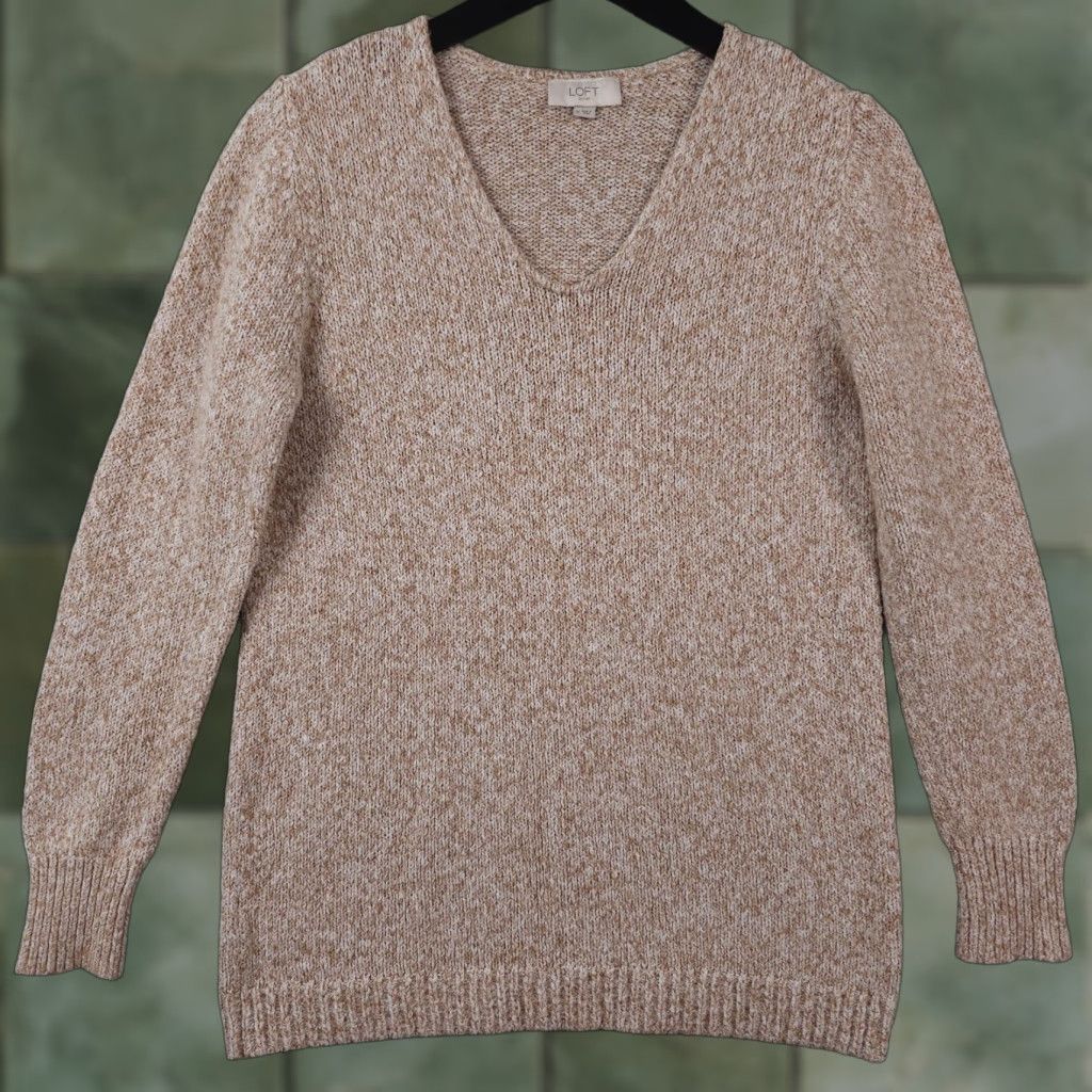 Loft LOFT Ann Taylor Sweater Womens Medium Beige White Marled V Neck Knit Pullover Size M / US 6-8 / IT 42-44 - 1 Thumbnail