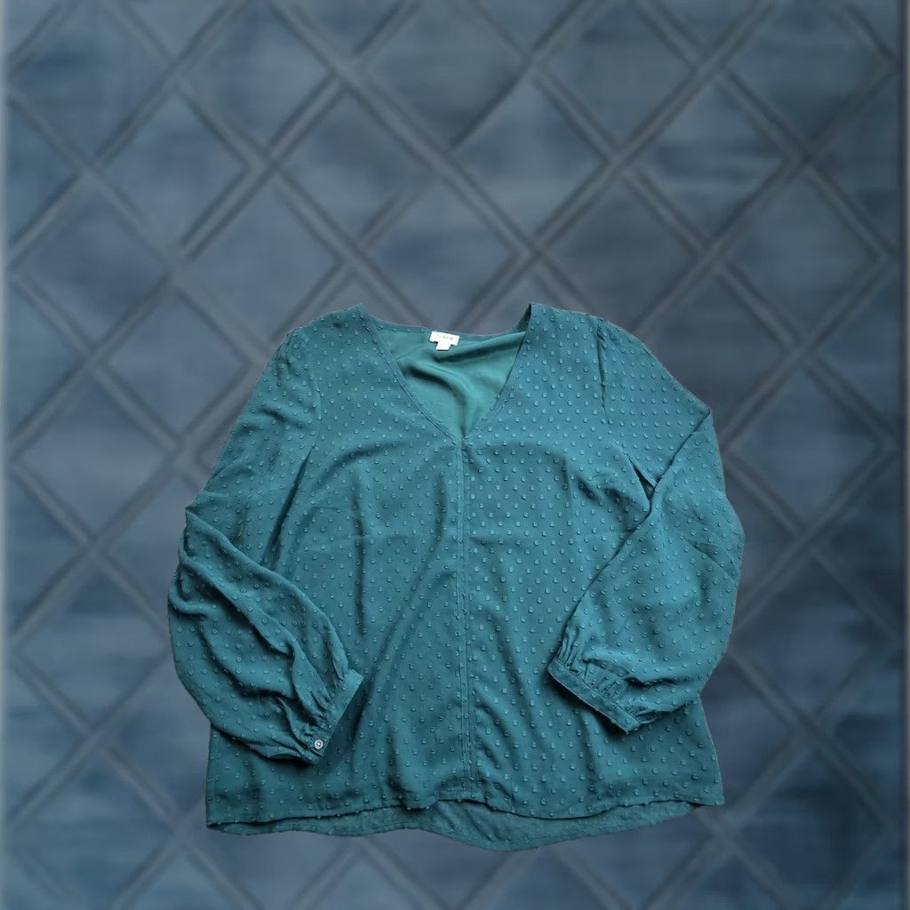 J.Crew J.Crew Blouse Womens L Green V Neck Long Sleeve Textured Polka Dot Top Size L / US 10 / IT 46 - 1 Thumbnail