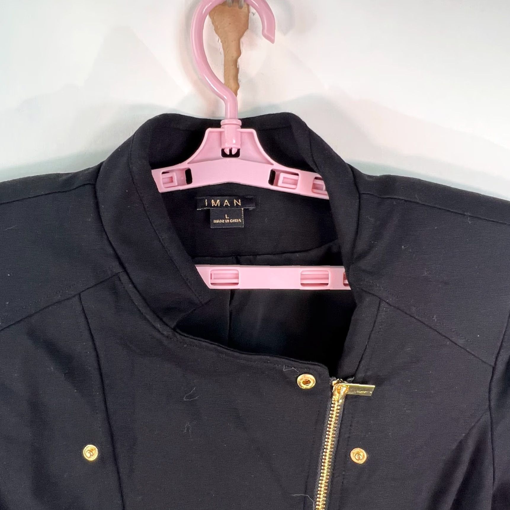 Vintage Iman Zip Blazer Womens Black Gold Trim Pockets Asymmetrical Zipper Size Large Size L / US 10 / IT 46 - 2 Thumbnail