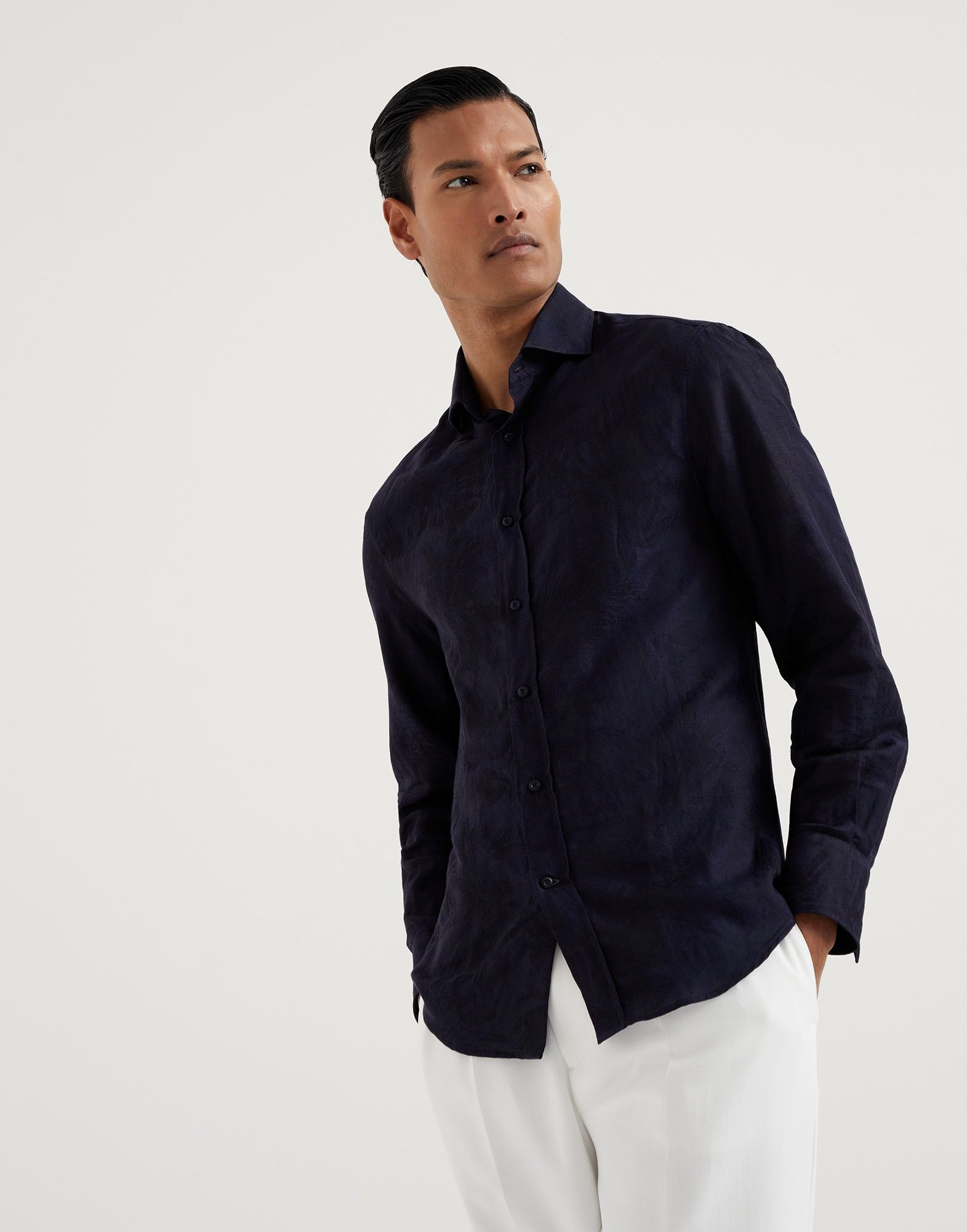 Brunello Cucinelli o1w1db10925 Palm Jacquard Slim Fit Shirt in Navy Size US XXL / EU 58 / 5 - 1 Thumbnail
