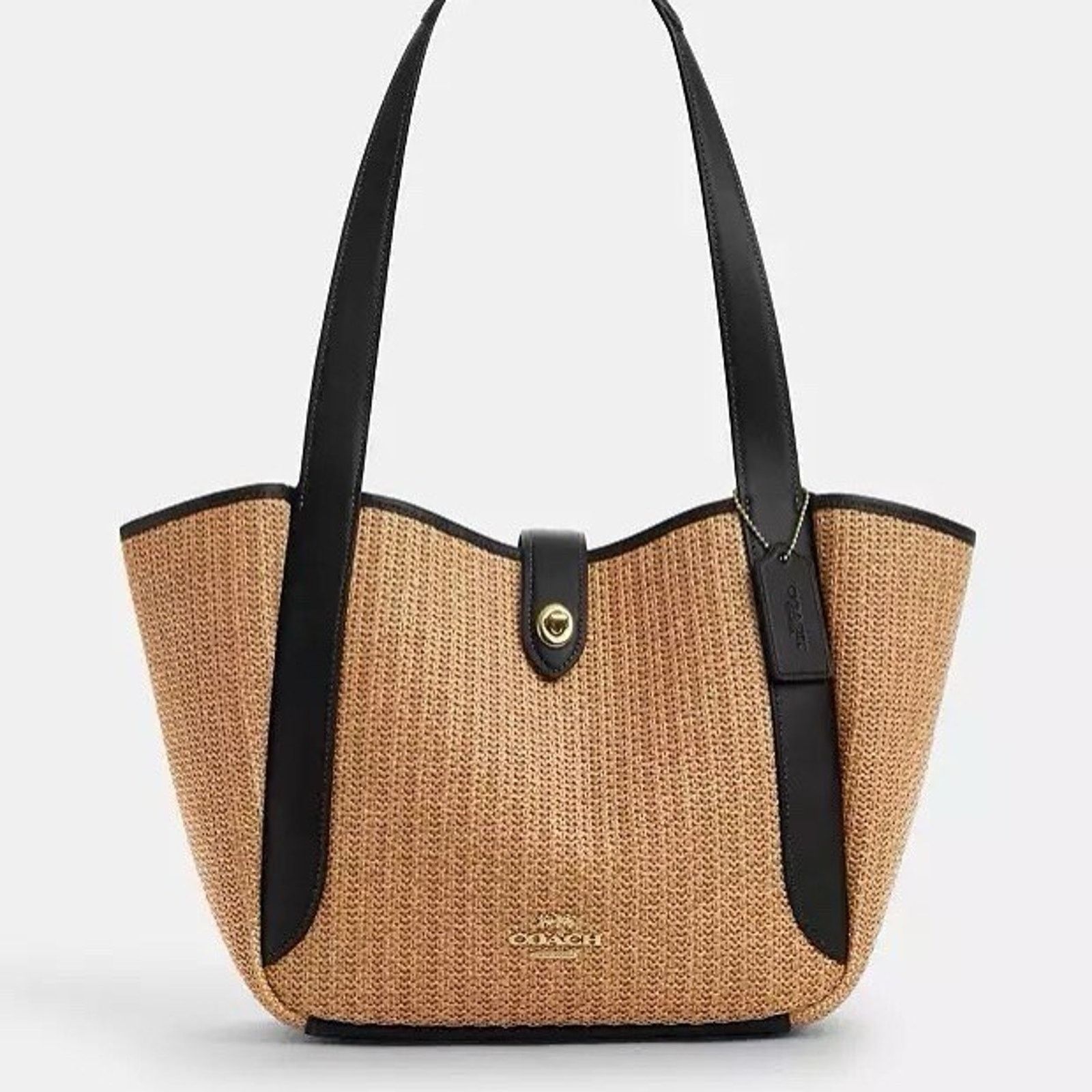 Coach NWT COACH Hadley Tote Bag CAL87 Toast / Black Straw Leather Size ONE SIZE - 5 Thumbnail
