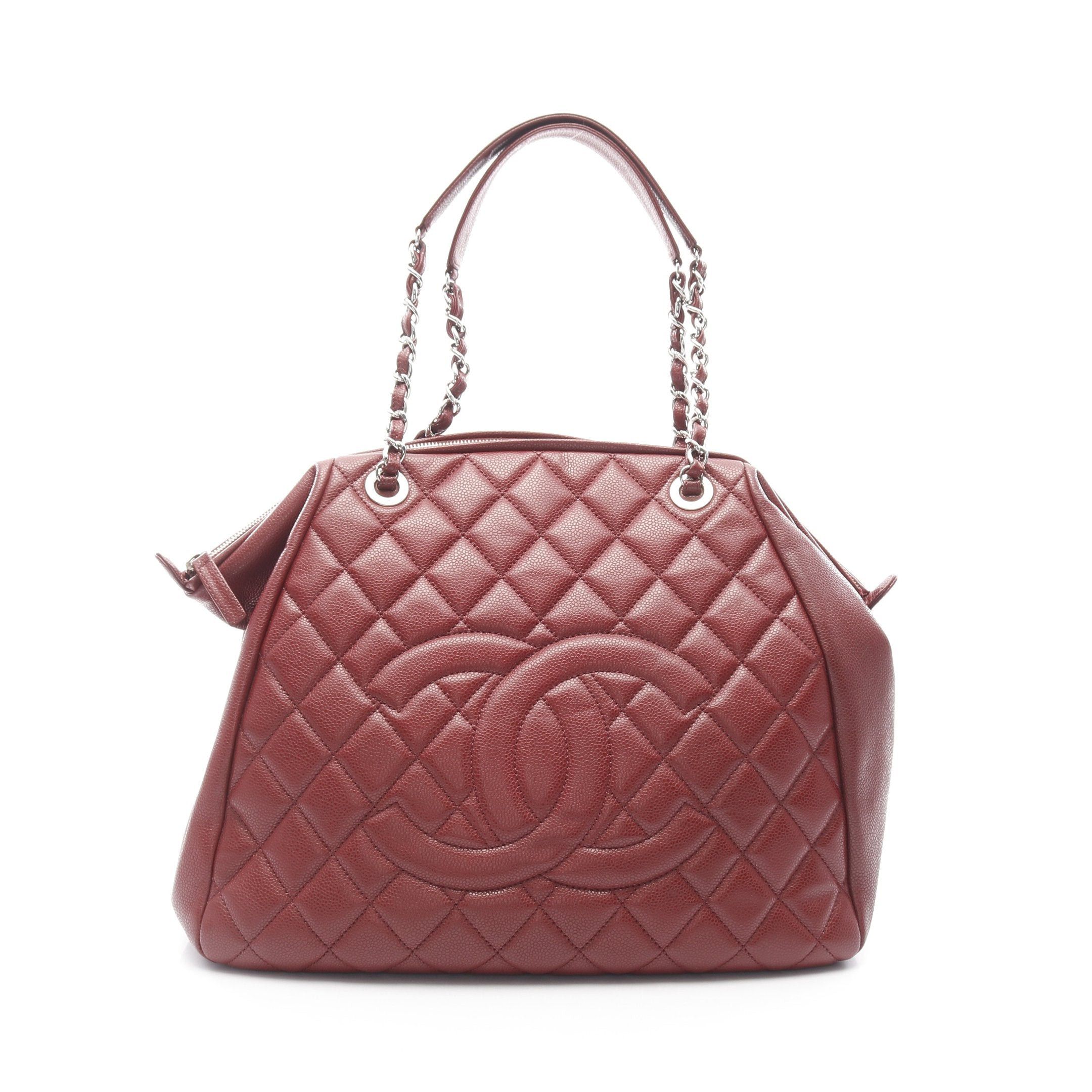 Chanel Coco Mark Chain Handbag Tote Bag Caviar Skin Red Silver Hardware