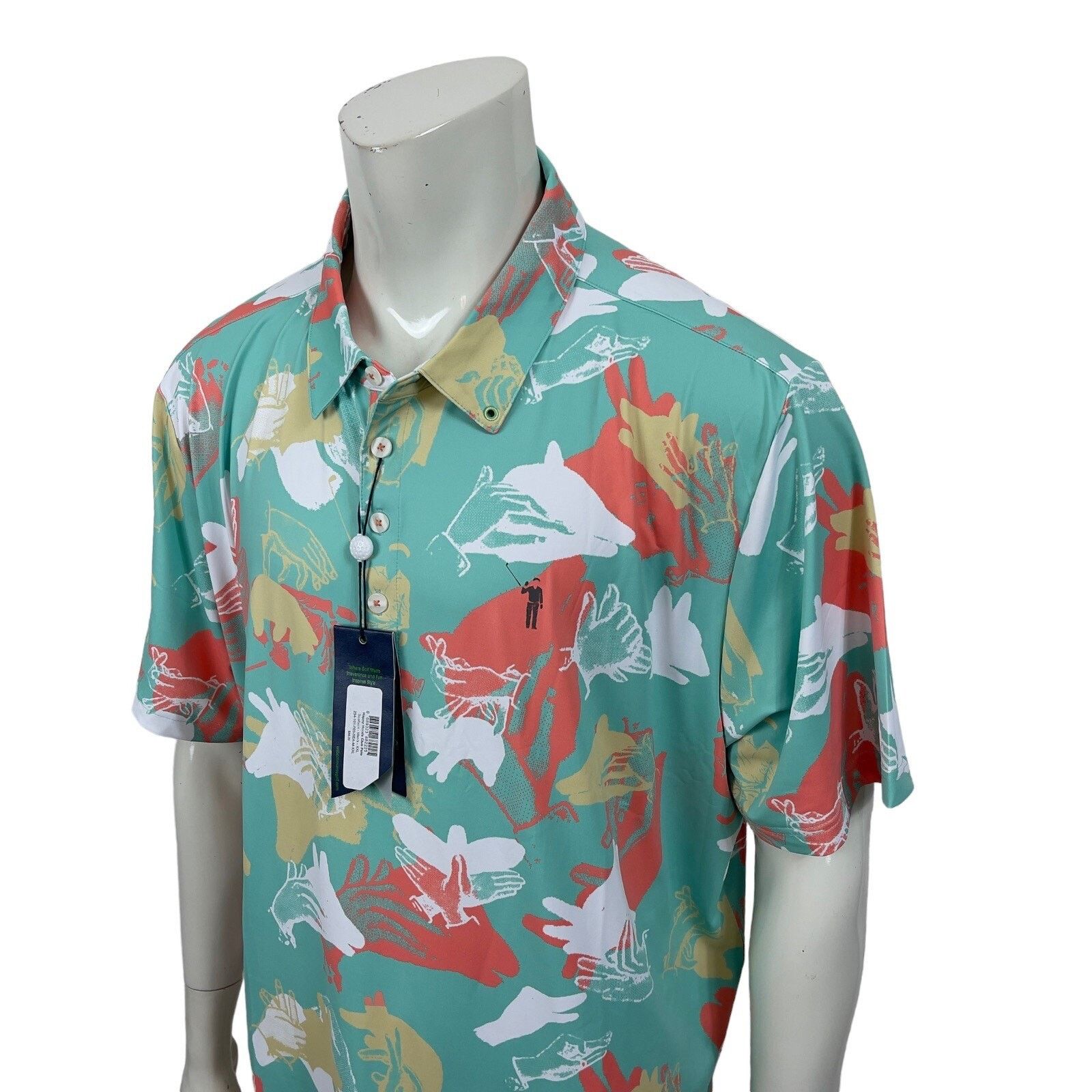 Ashworth William Murray Retro Seafoam Happy Hands Golf Shirt Mens 2XL Size US XXL / EU 58 / 5 - 11 Thumbnail