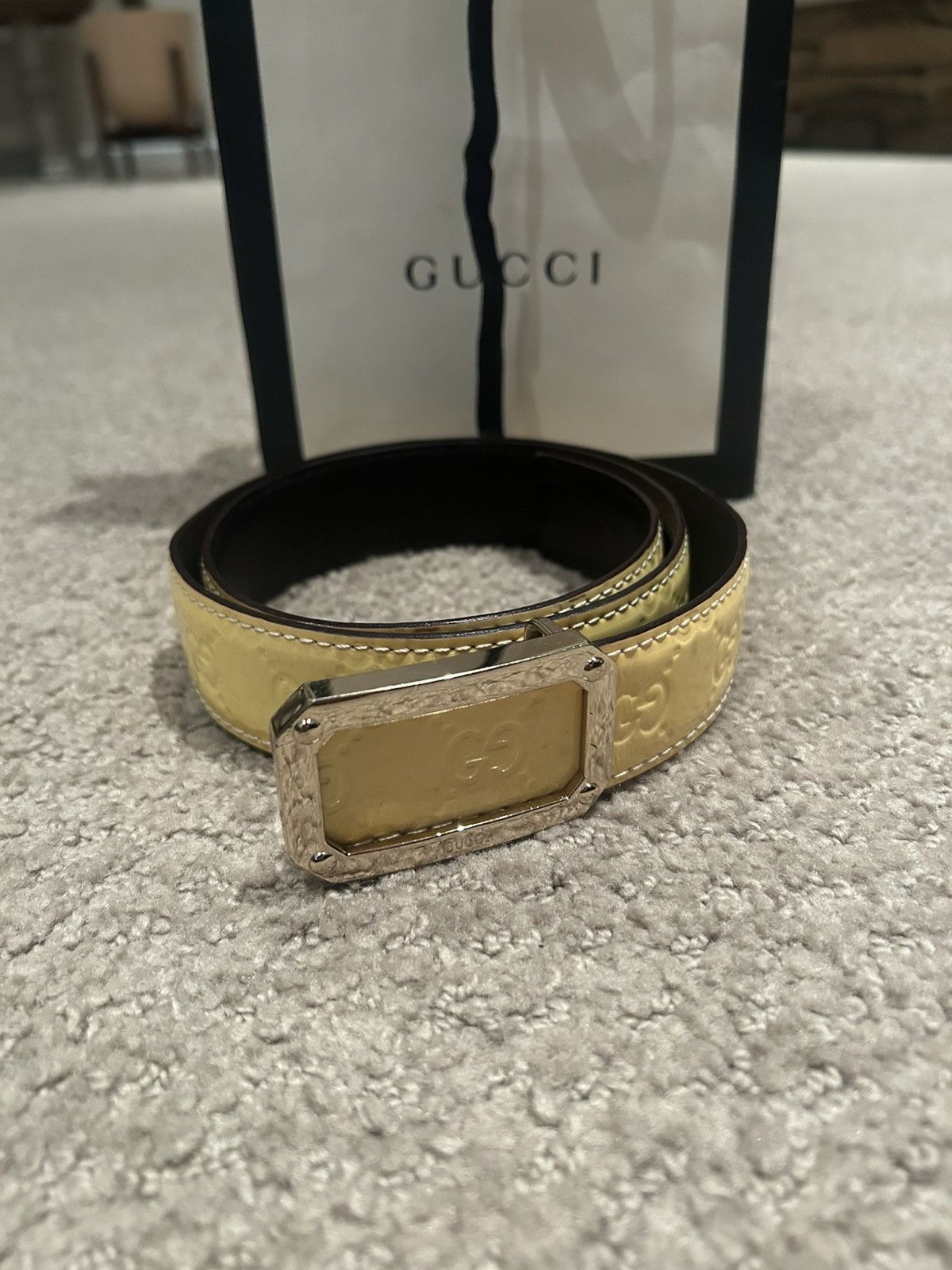 Gucci gg leather beige brown gucci buckle monogram belt