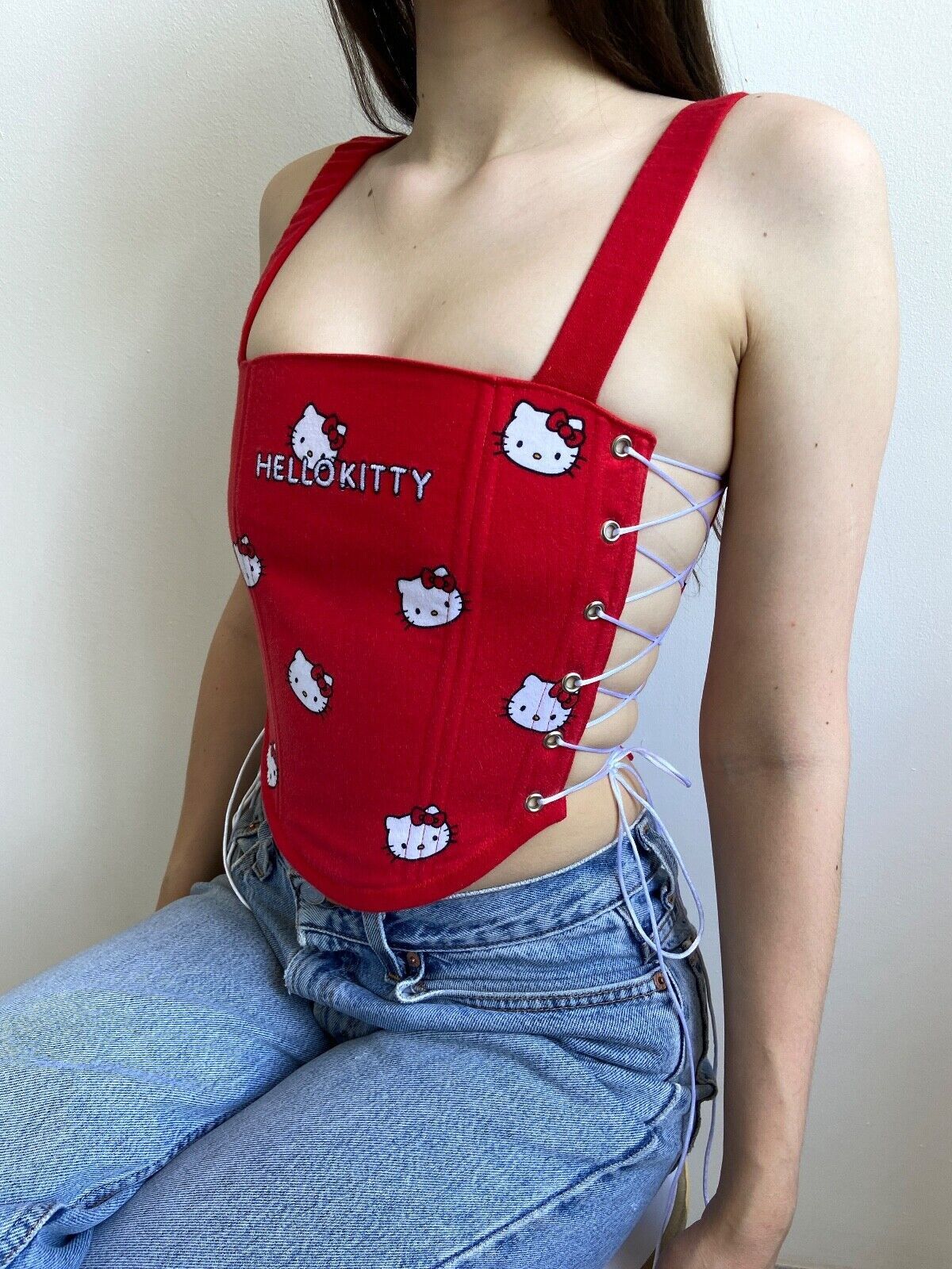 Handmade Handmade Hello Kitty Red Icon Women's Tank Crop Top Corset Size S / US 4 / IT 40 - 2 Thumbnail