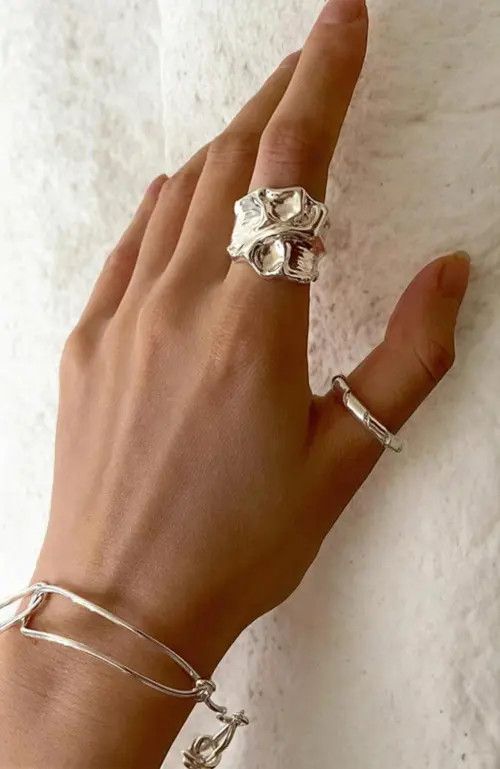 Jewelry Chunky Melted Silver Plated Ring, Irregular Tarnish Ring Size ONE SIZE - 7 Thumbnail