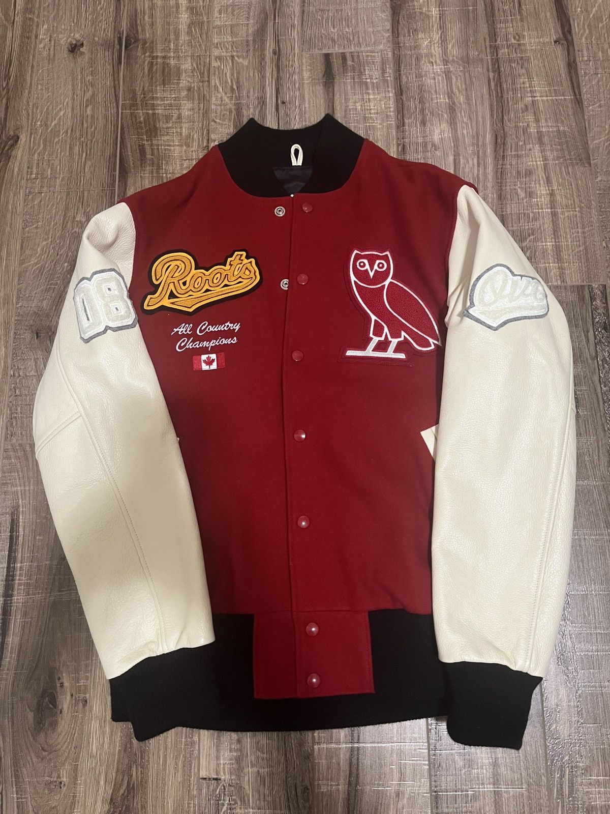 image of Octobers Very Own x Roots Varsity Jacket 2022 in Red, Men's (Size Medium)