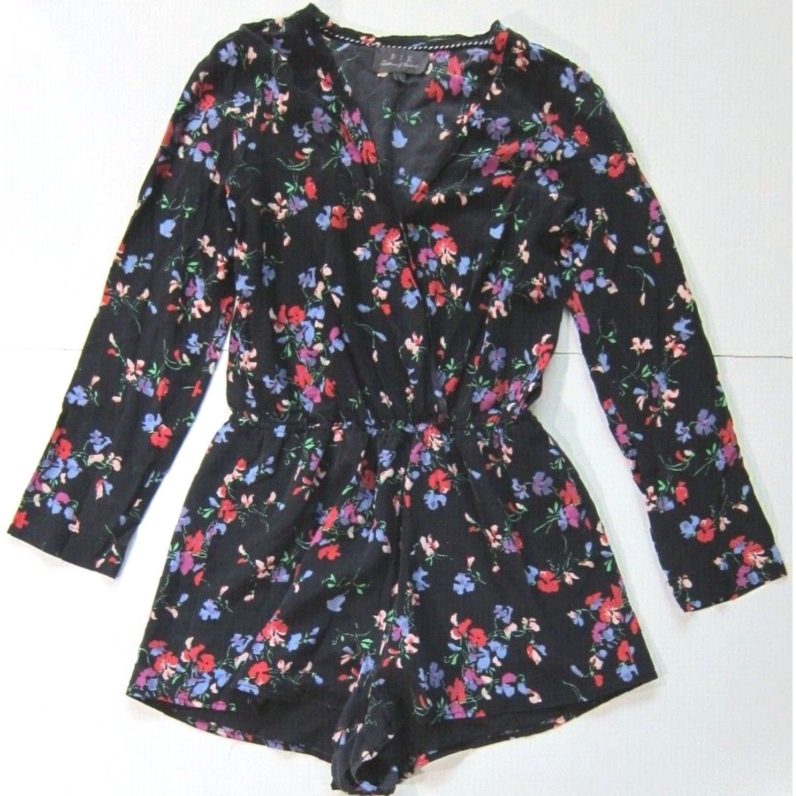 Vintage Patterson J Kincaid Silk Black Red Green Floral Long Sleeve Jumper Shorts S - Women - Silk - Flowered One-Piece Jumpsuit Size S / US 4 / IT 40 - 2 Thumbnail