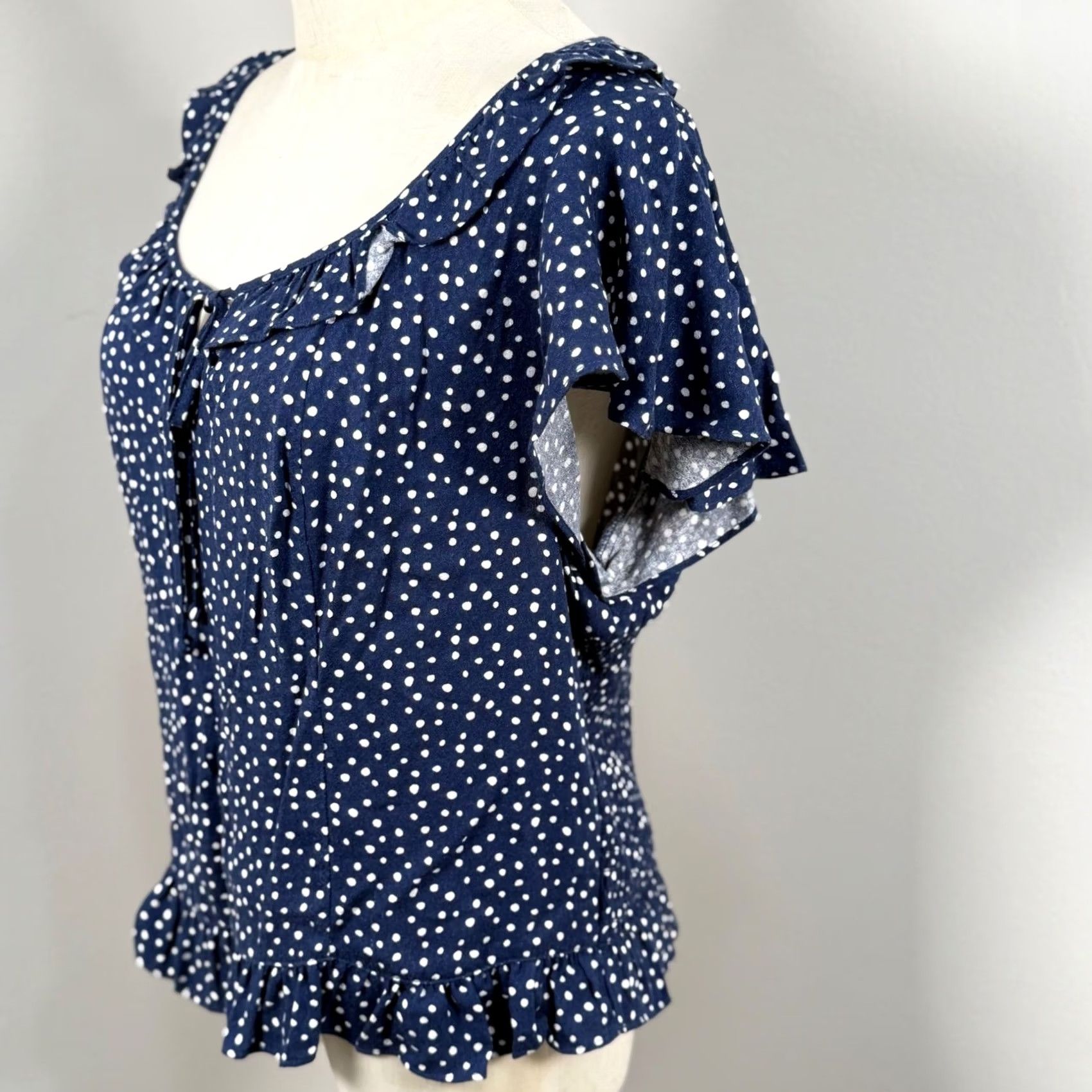 Vintage A. Byer Blouse Navy Polka Dot Ruffle Smocked Rockabilly Retro Nautical Womens XL Casual Shirt Size XXL / US 16-18 / IT 52-54 - 4 Thumbnail