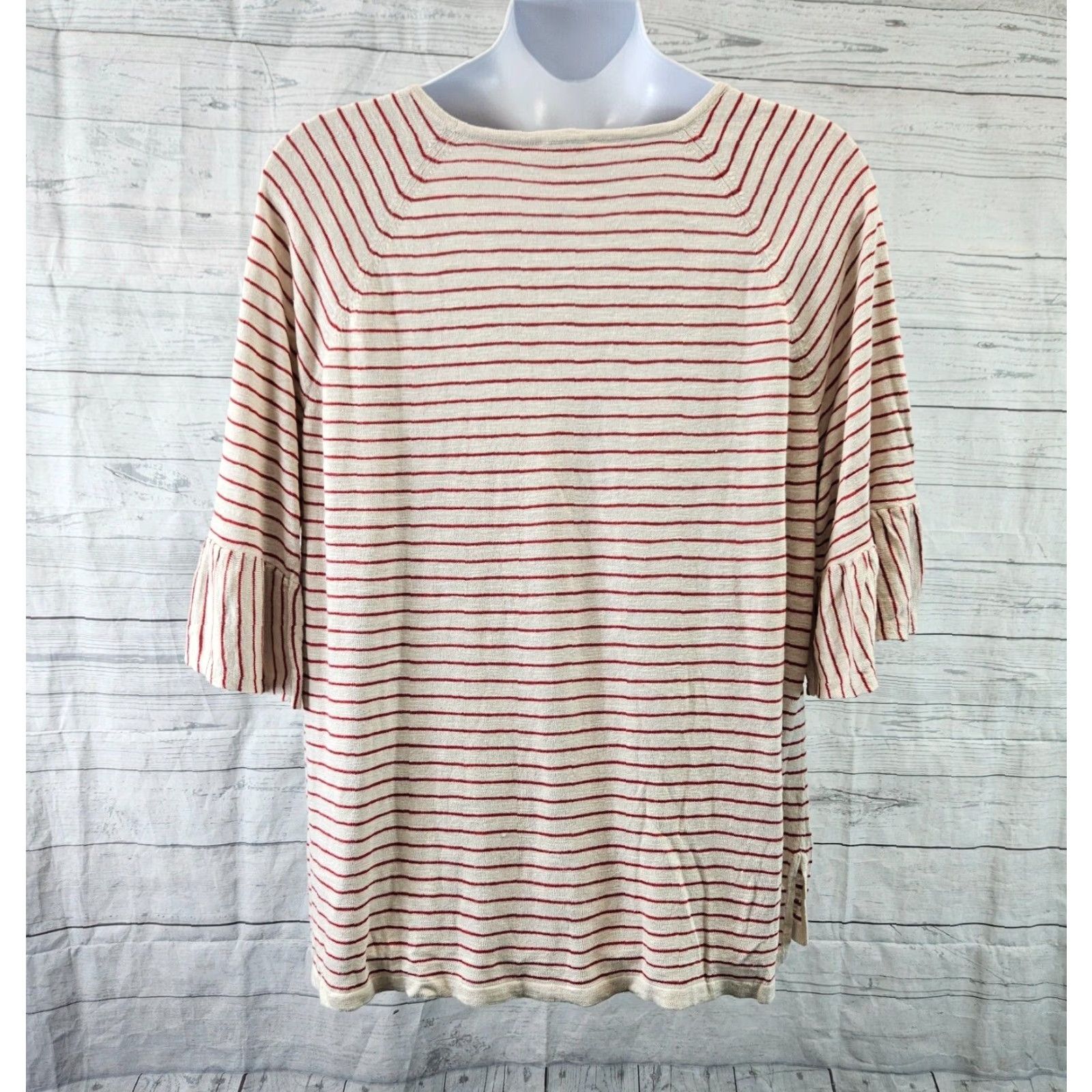 J. Jill J Jill Womens Knit Top Sz 3X Red Beige Stripe 3/4 Sleeve Linen Blend Shirt Womens Size XXL / US 16-18 / IT 52-54 - 4 Thumbnail