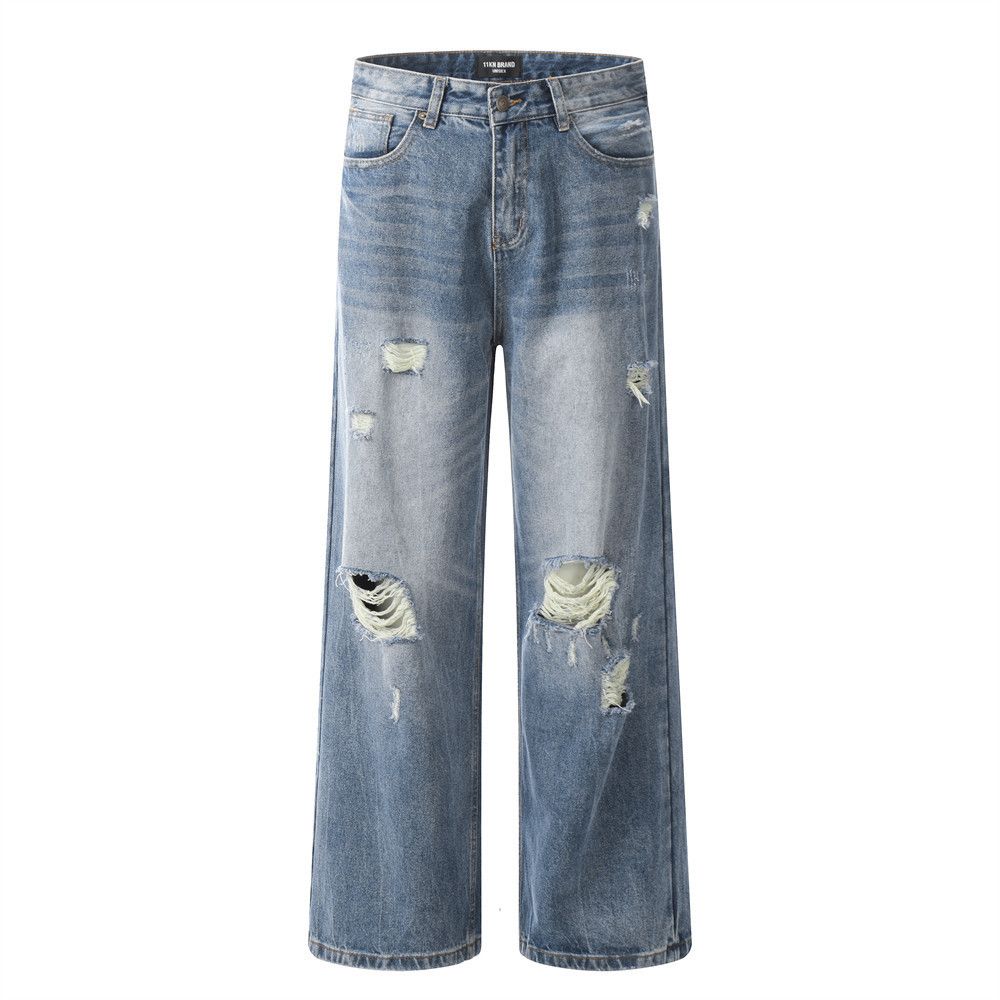 Japanese Brand × Jean Men's blue American loose straight washed distressed jeans Size US 34 / EU 50 - 1 Thumbnail