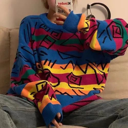 Vintage Korean style loose rainbow striped knitted sweater Size M / US 6-8 / IT 42-44 - 2 Thumbnail