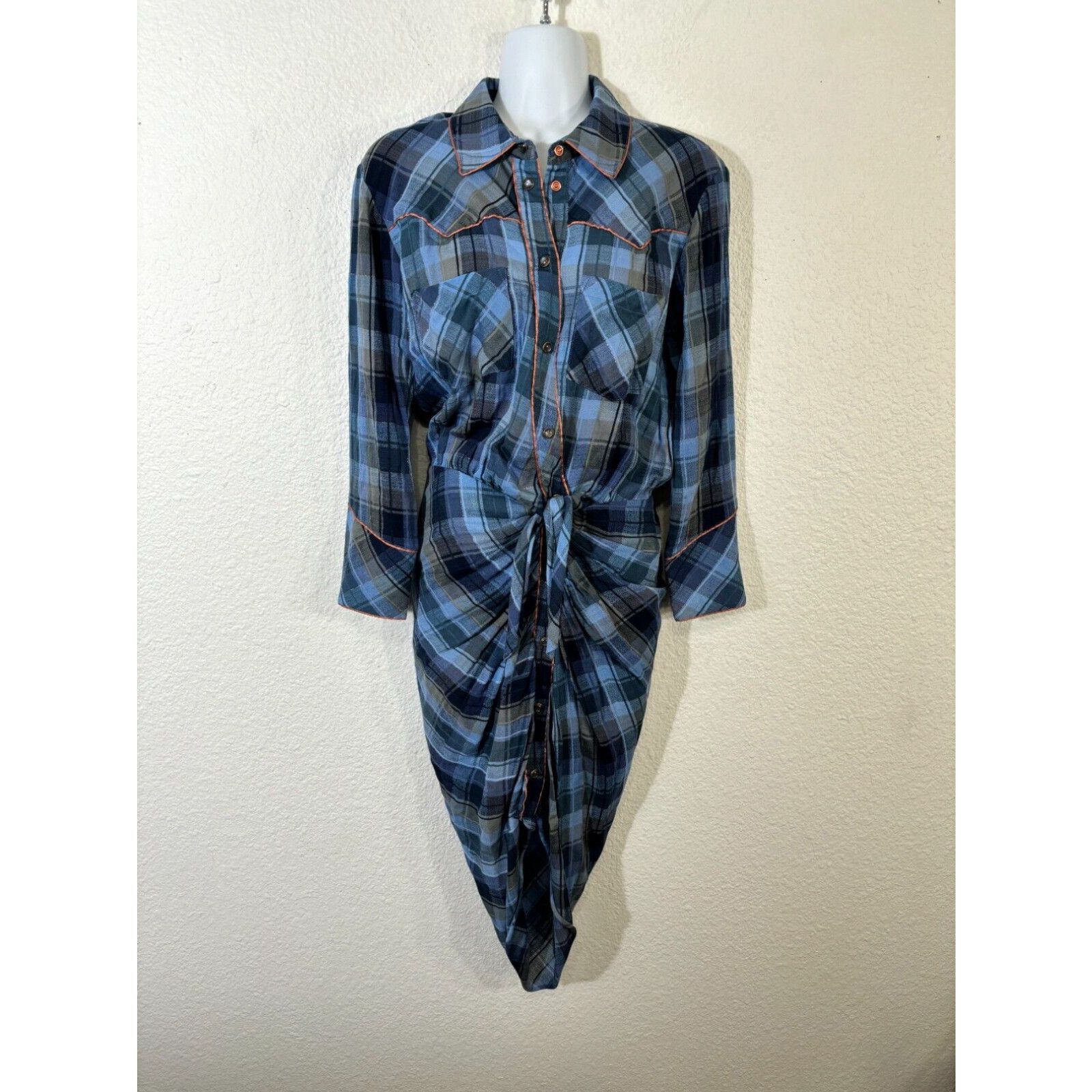 image of Veronica Beard Dress Womens Size 2 Blue Sierra Plaid Snap Front Gathered Mini in White