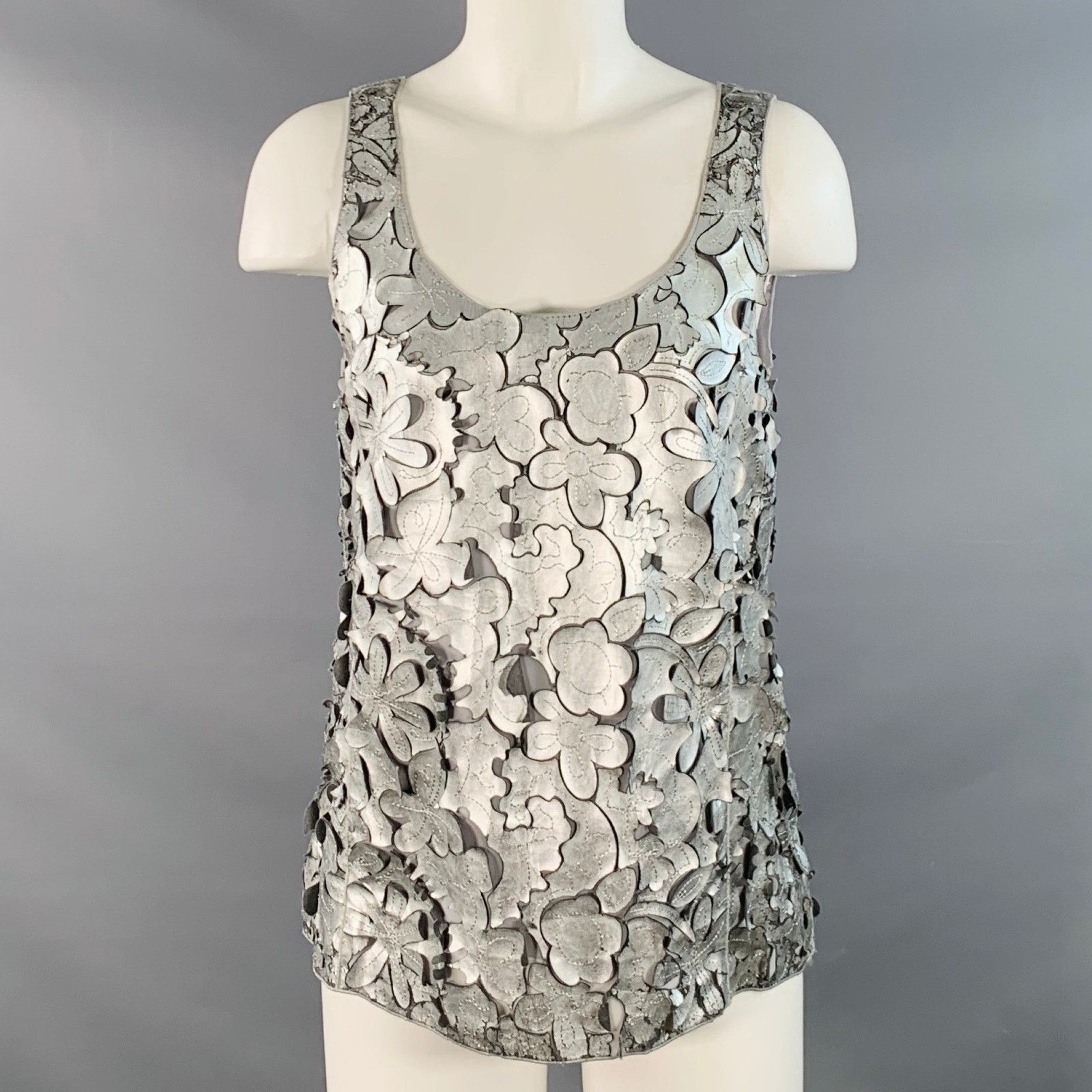 Marc Jacobs Silver Grey Leather Floral Cut Out Sleeveless Dress Top Size XS / US 0-2 / IT 36-38 - 1 Thumbnail