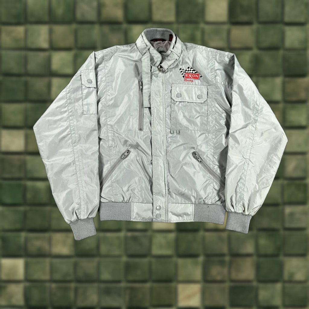 VINTAGE Exxon Racing Windbreaker Jacket Men Medium Gray 80s Sports