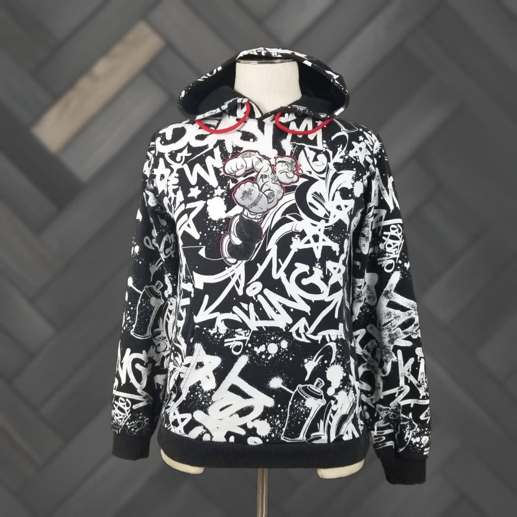 Popeye Hoodie Mens Medium Black Graffiti All Over Graphic Pullover Sweatshirt