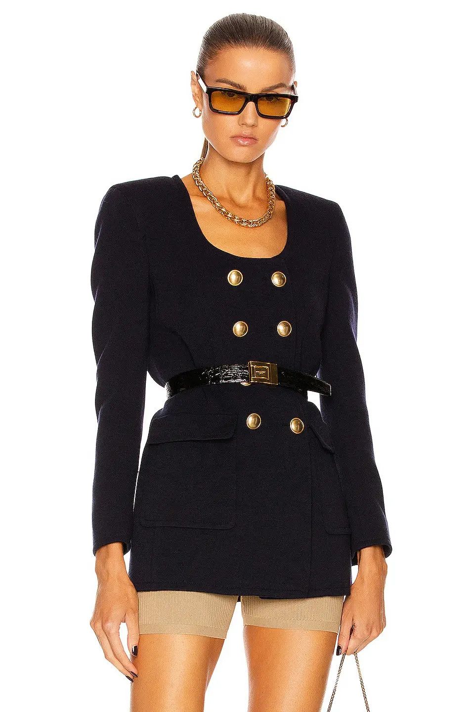 Saint Laurent Paris o1s1wg111224 Long U-Neck Jacket in Wool Jersey Marine Blue Size M / US 6-8 / IT 42-44 - 2 Thumbnail