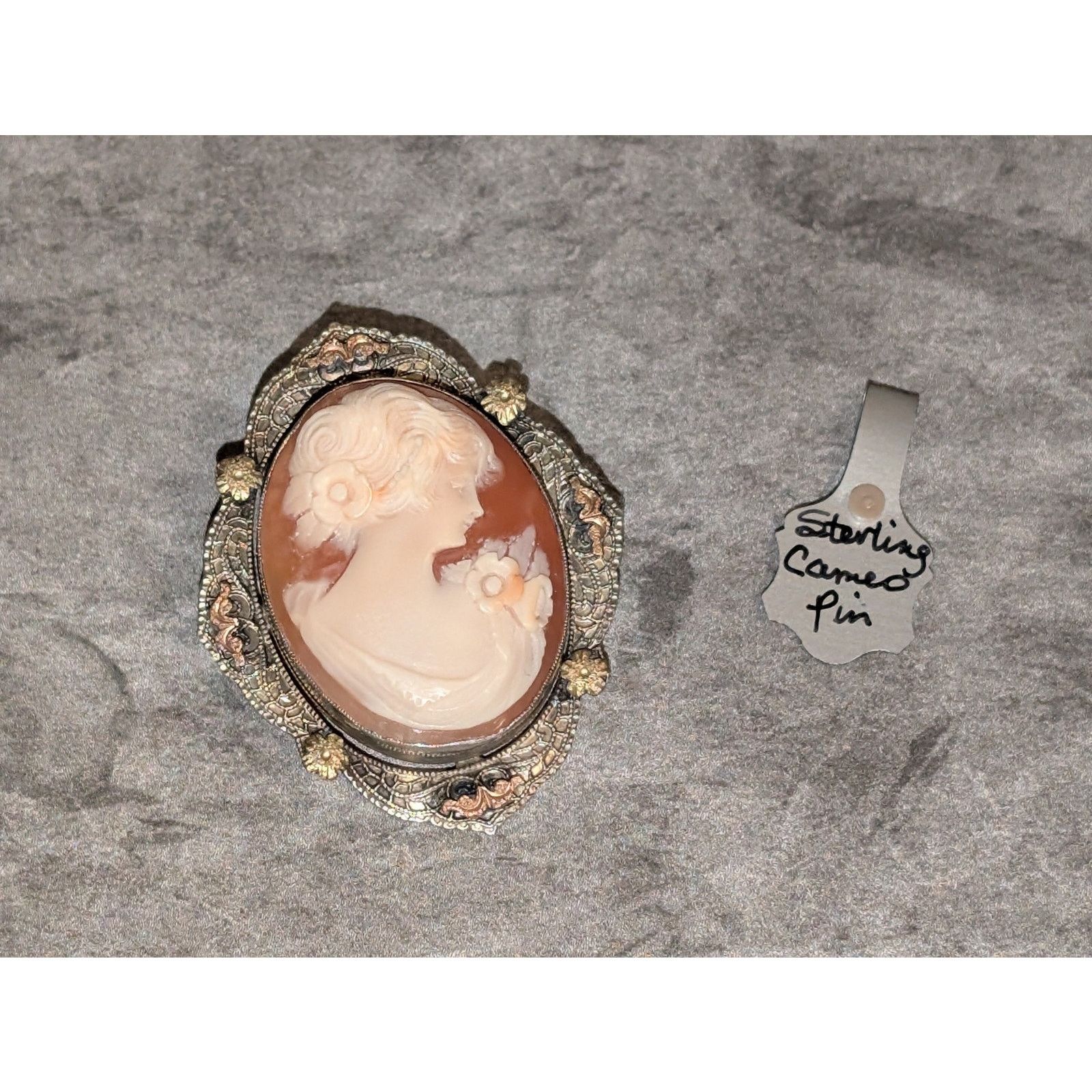 Vintage VTG 1990s Cameo Pin Brooch .925 Sterling Silver Floral Frame Size ONE SIZE - 4 Thumbnail