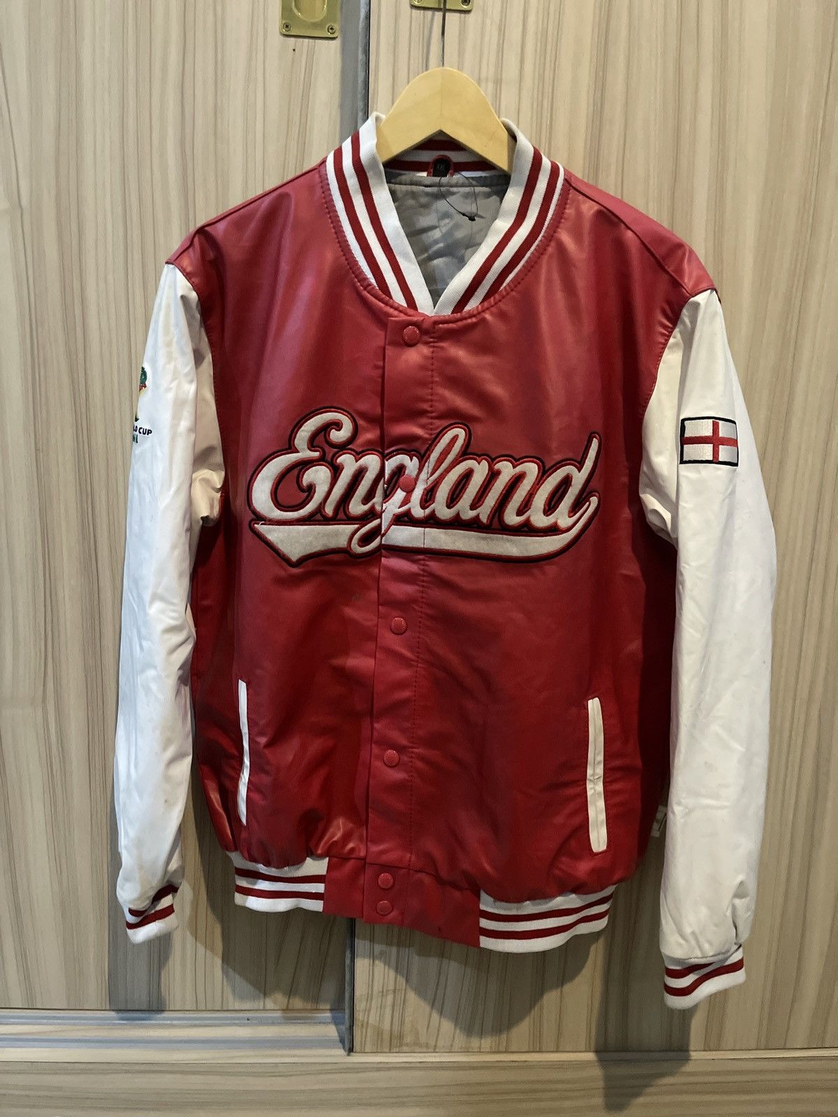 image of Vintage Fifa World Cup Brazil 2014 England Varsity Jacket in Red, Men's (Size XL)