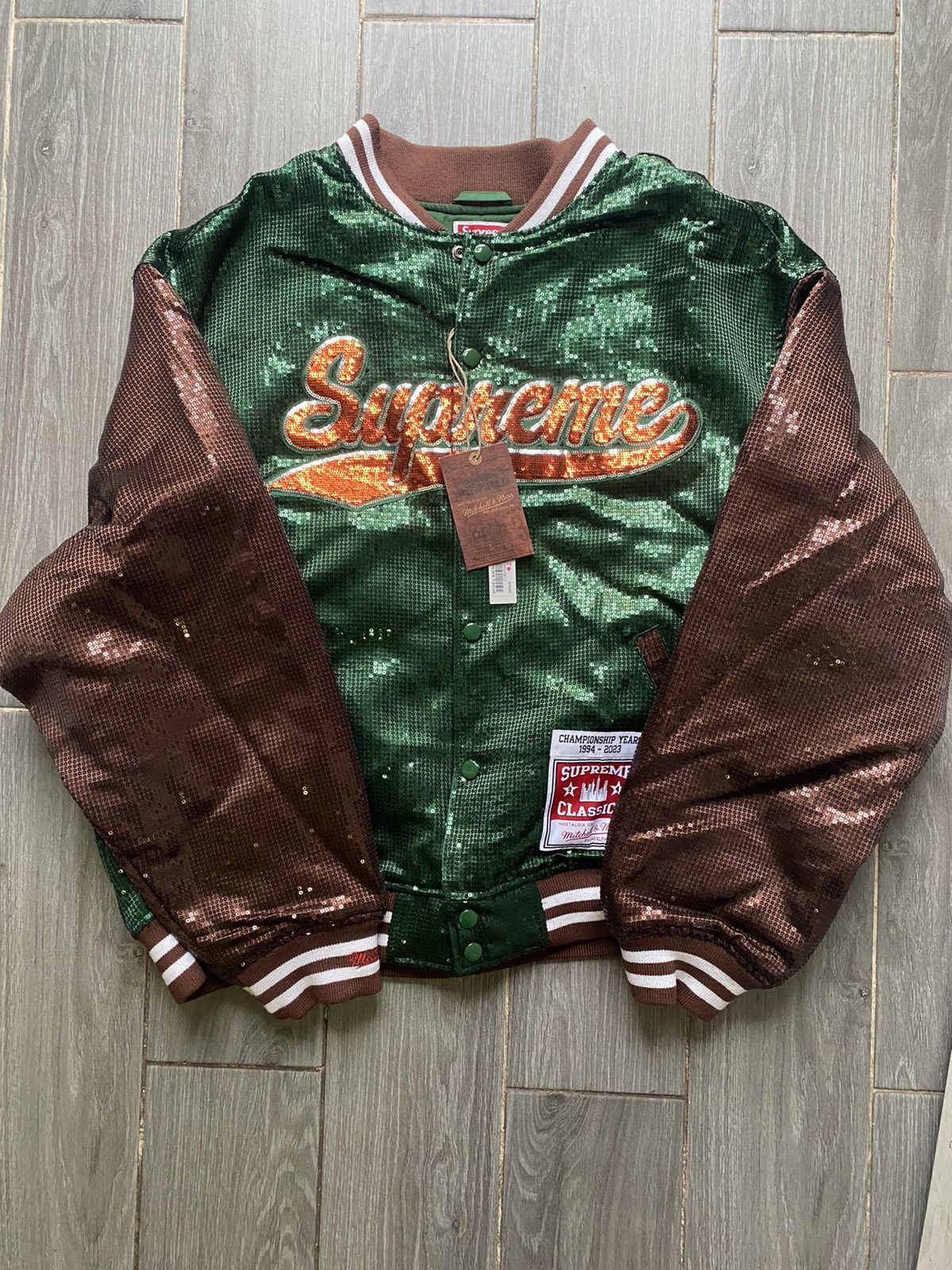 Image of Mitchell Ness x Supreme Mitchell & Ness Sequin Varsity Jacket Size XL in Green, Men's