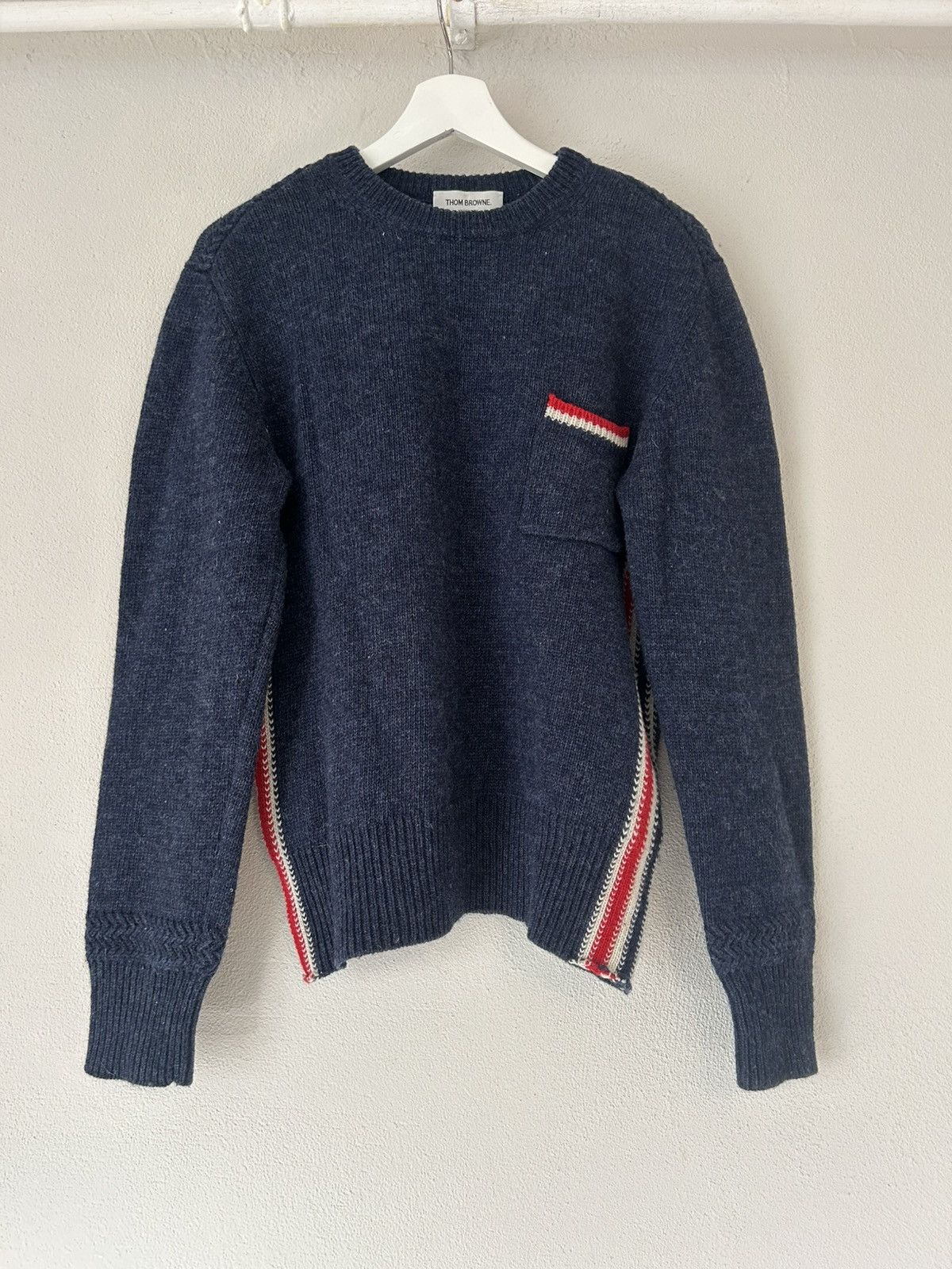 Thom Browne Navy Wool Sweater with Tricolor Details Size US S / EU 44-46 / 1 - 1 Thumbnail