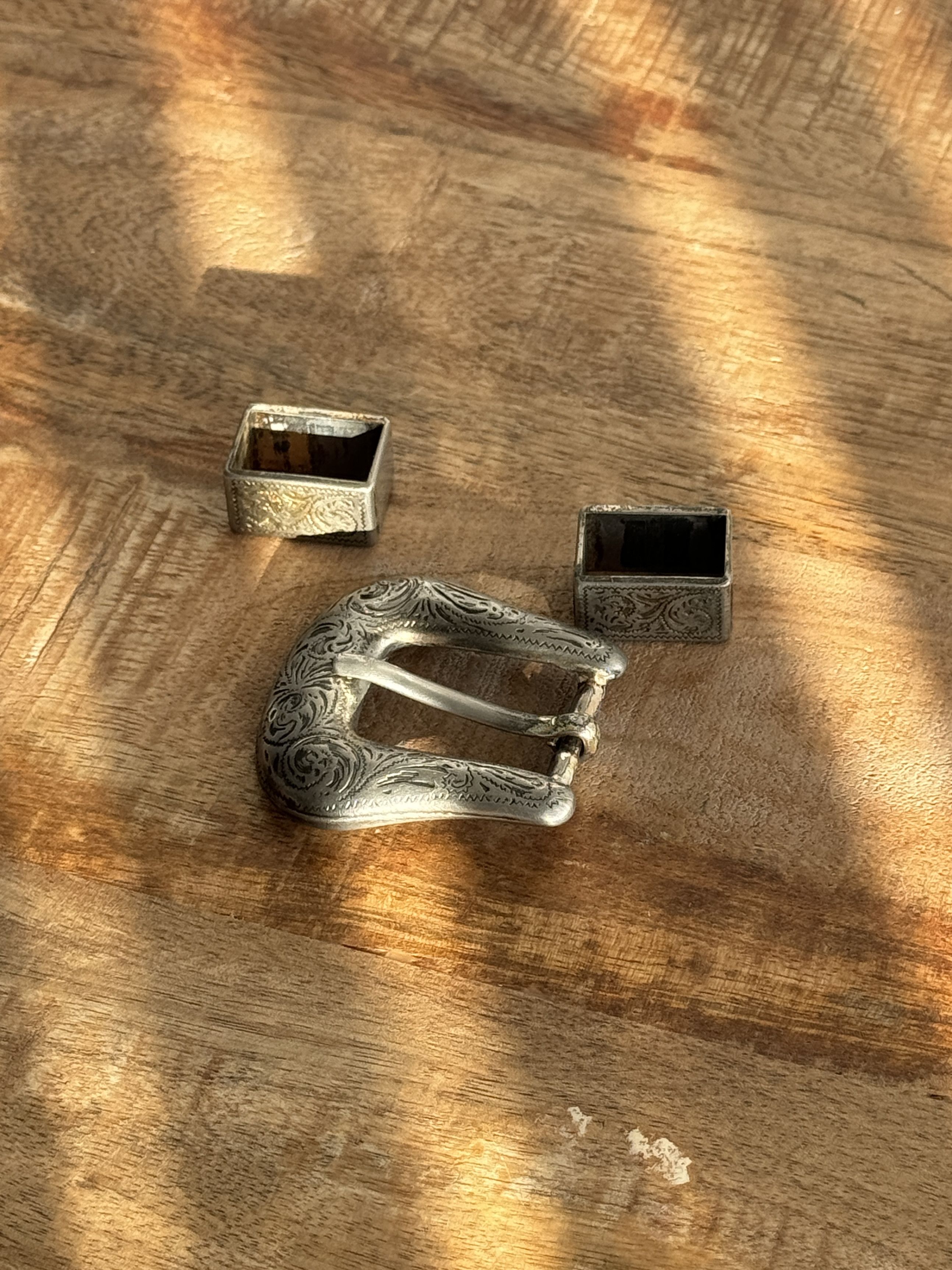Vintage Vintage 80s Sterling Silver 3 Piece Belt Buckle Set Engaved Size ONE SIZE - 1 Thumbnail