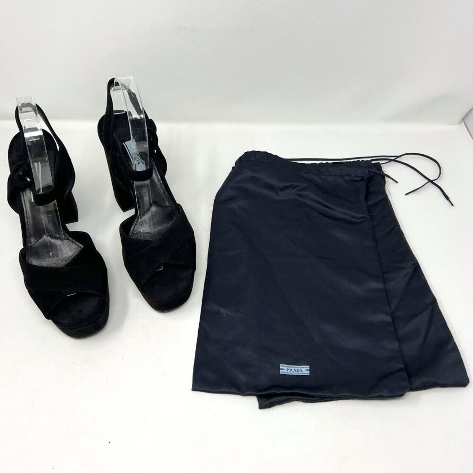 Prada Prada Black Suede Platform Block Heel Peep Toe Sandals Size US 8.5 / IT 38.5 - 8 Thumbnail