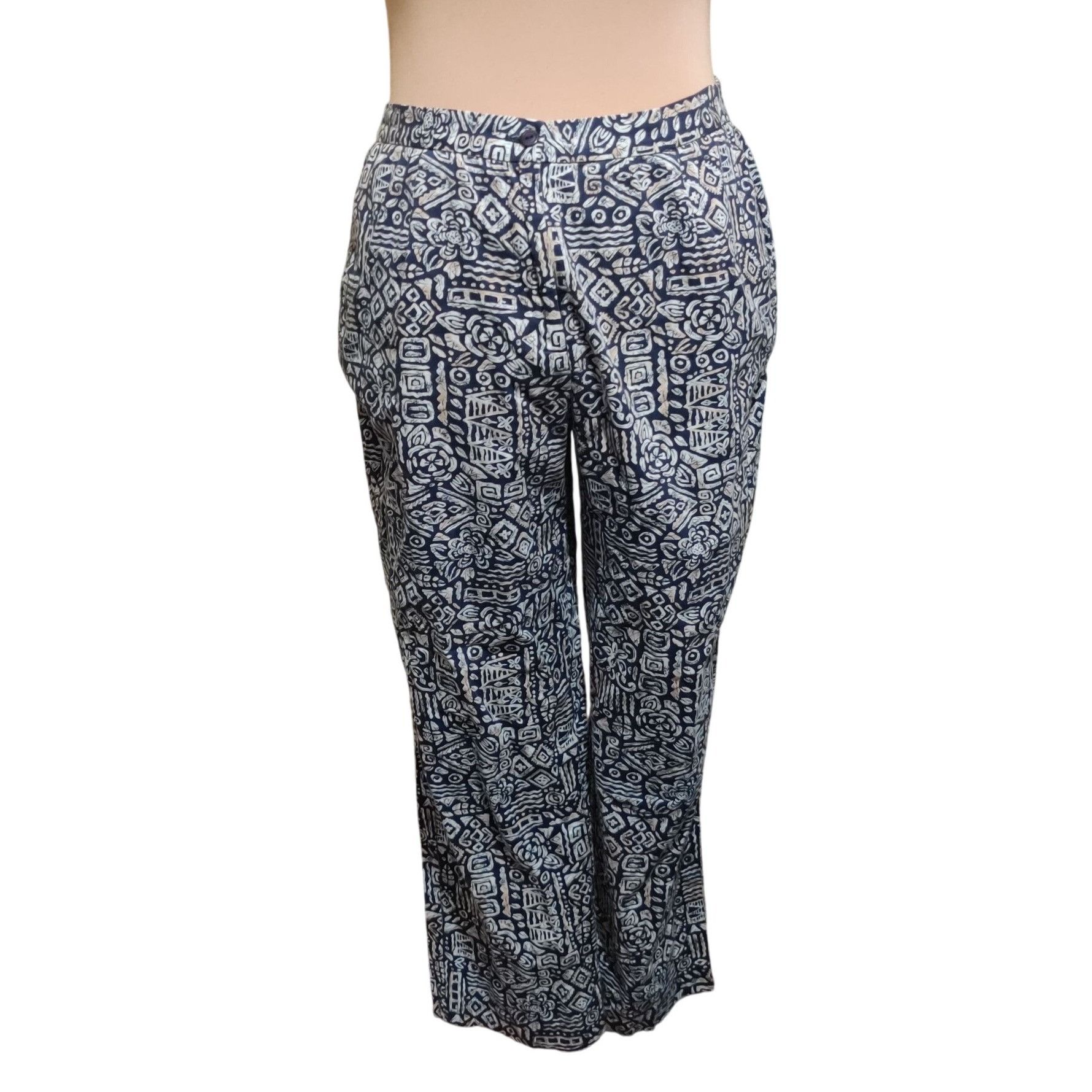 Other Appleseeds 14 Navy Tan Tribal Print Cotton Pants Tiki Oasis Size 36" / US 14 / IT 50 - 1 Thumbnail